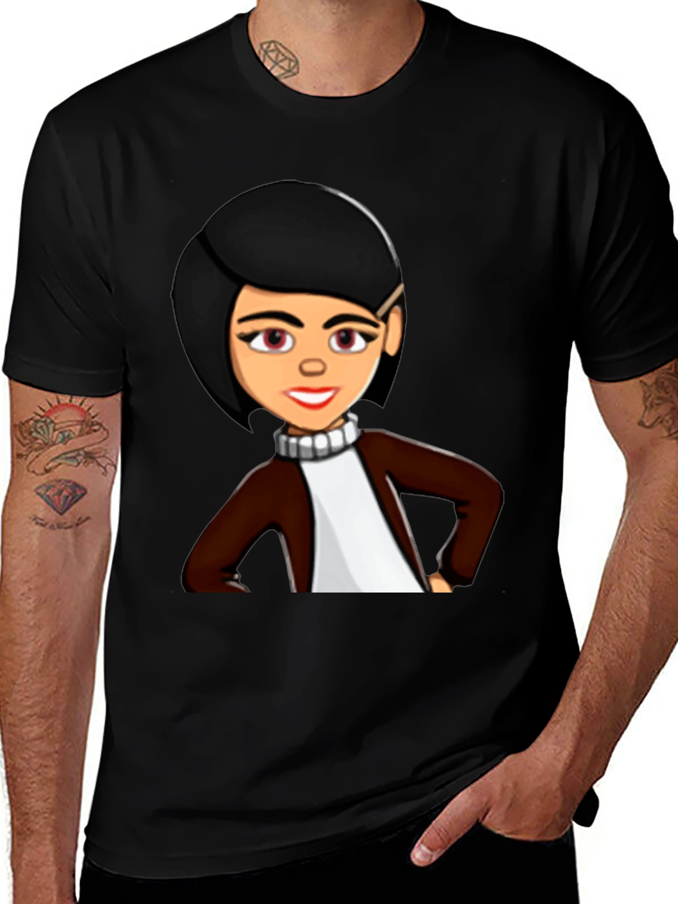 Cartoon Woman Graphic Tee - Trendy Black T-Shirt
