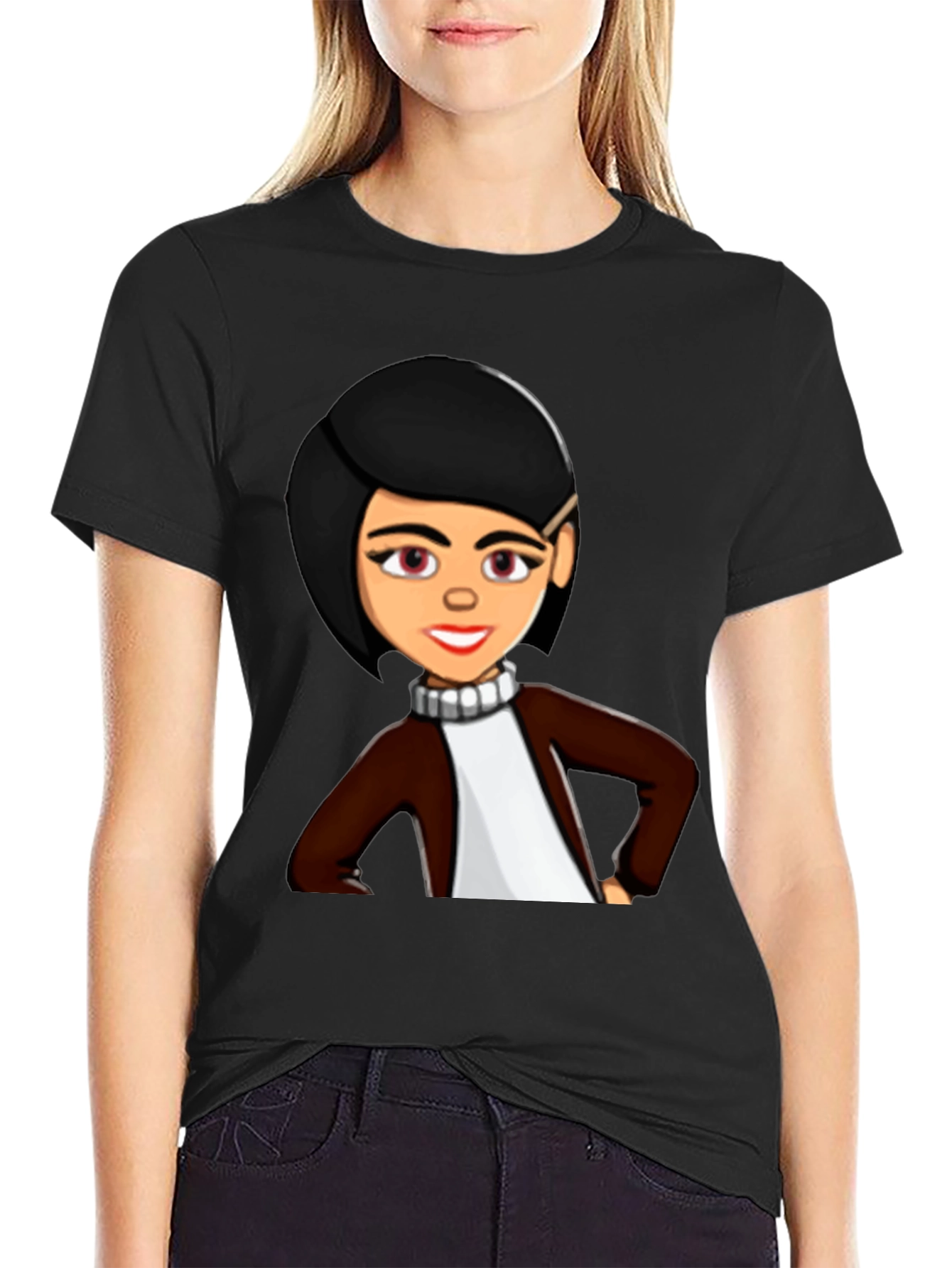 Cartoon Woman Graphic Tee - Trendy Black T-Shirt