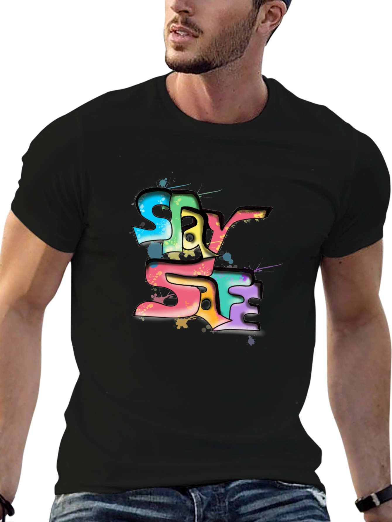 Stay Safe Graphic Tee - Black Crew Neck