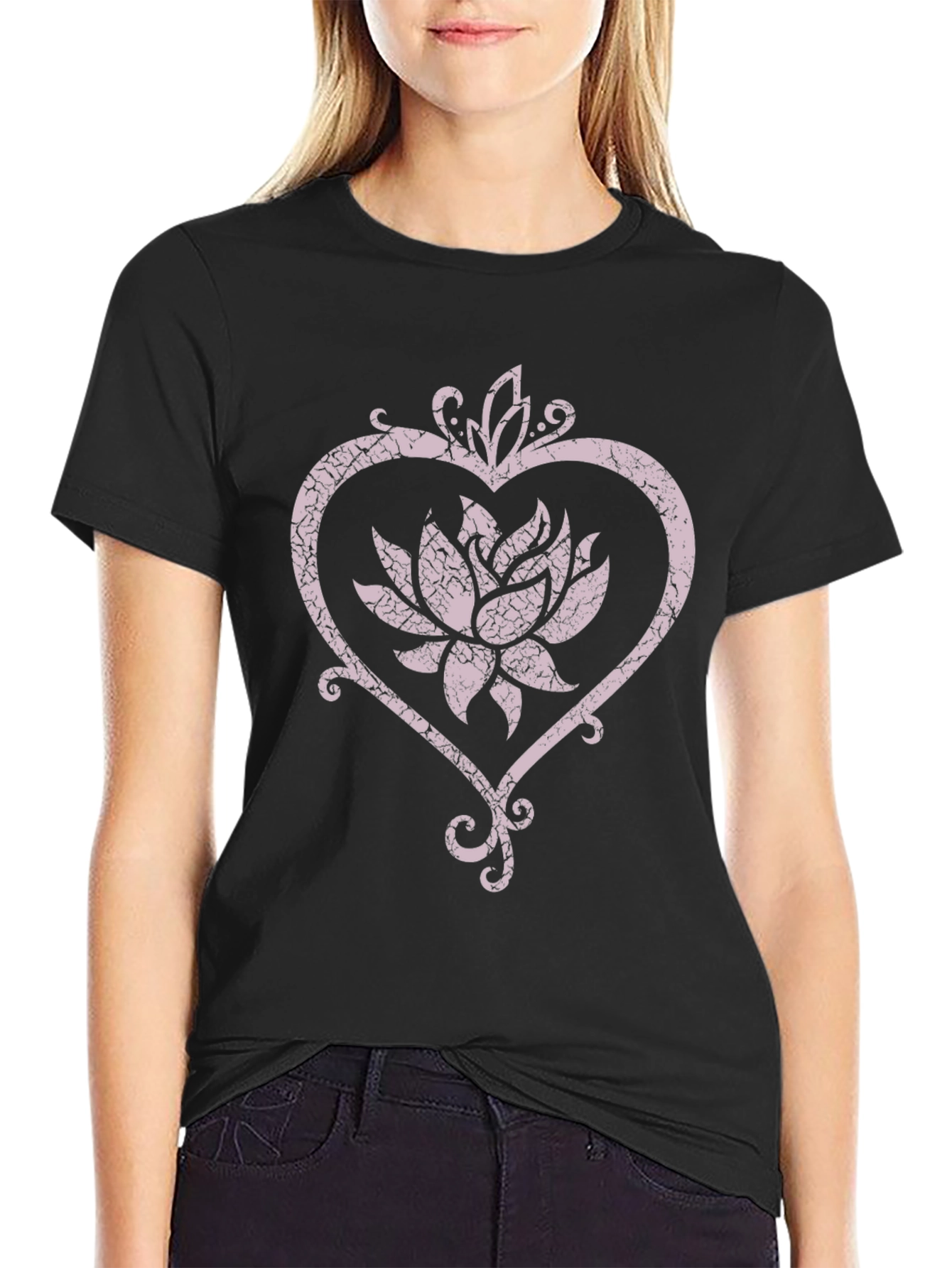 Lotus Flower Heart Graphic Black Tee