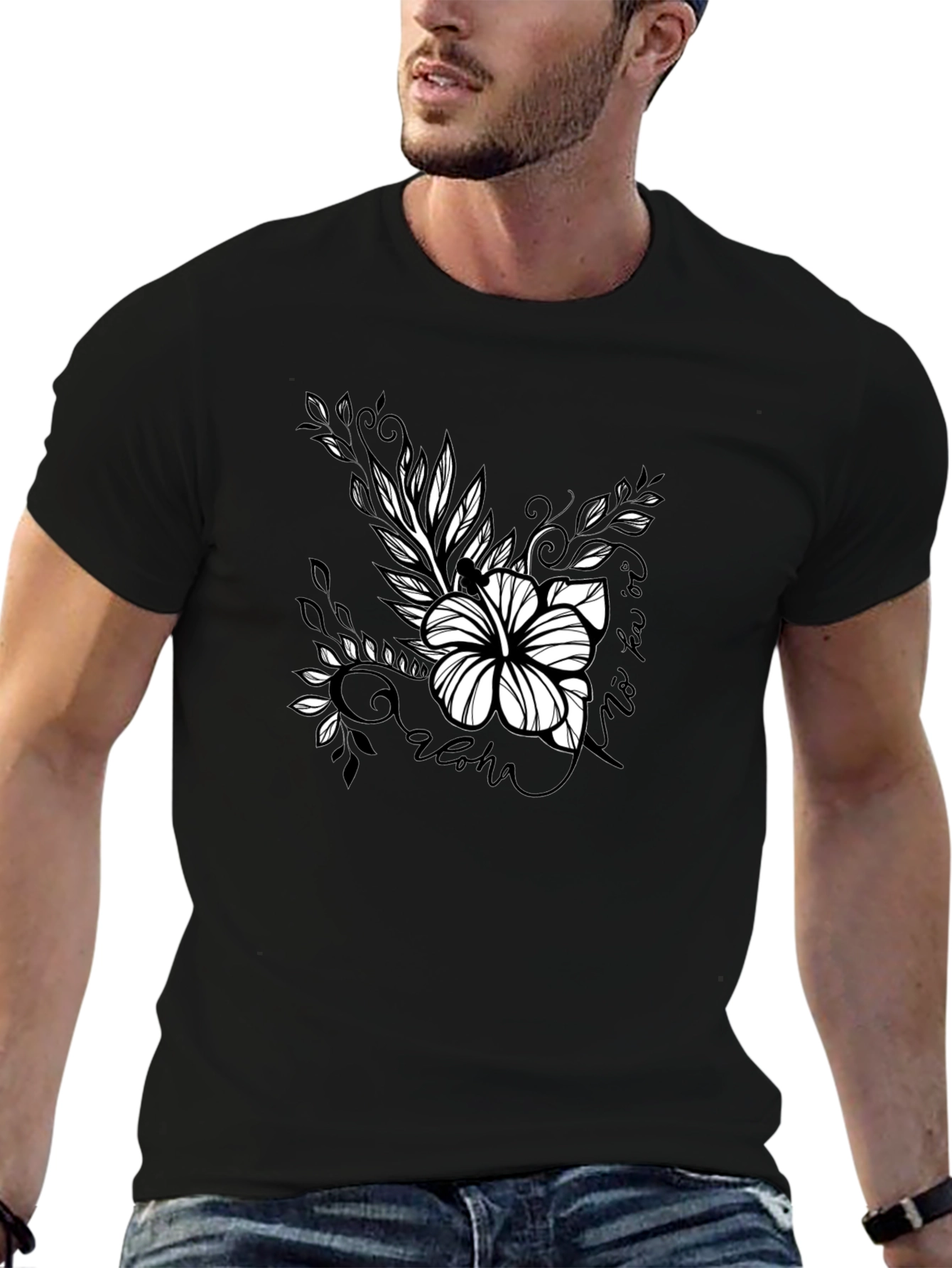 Aloha Floral Graphic Tee - Black Cotton T-Shirt