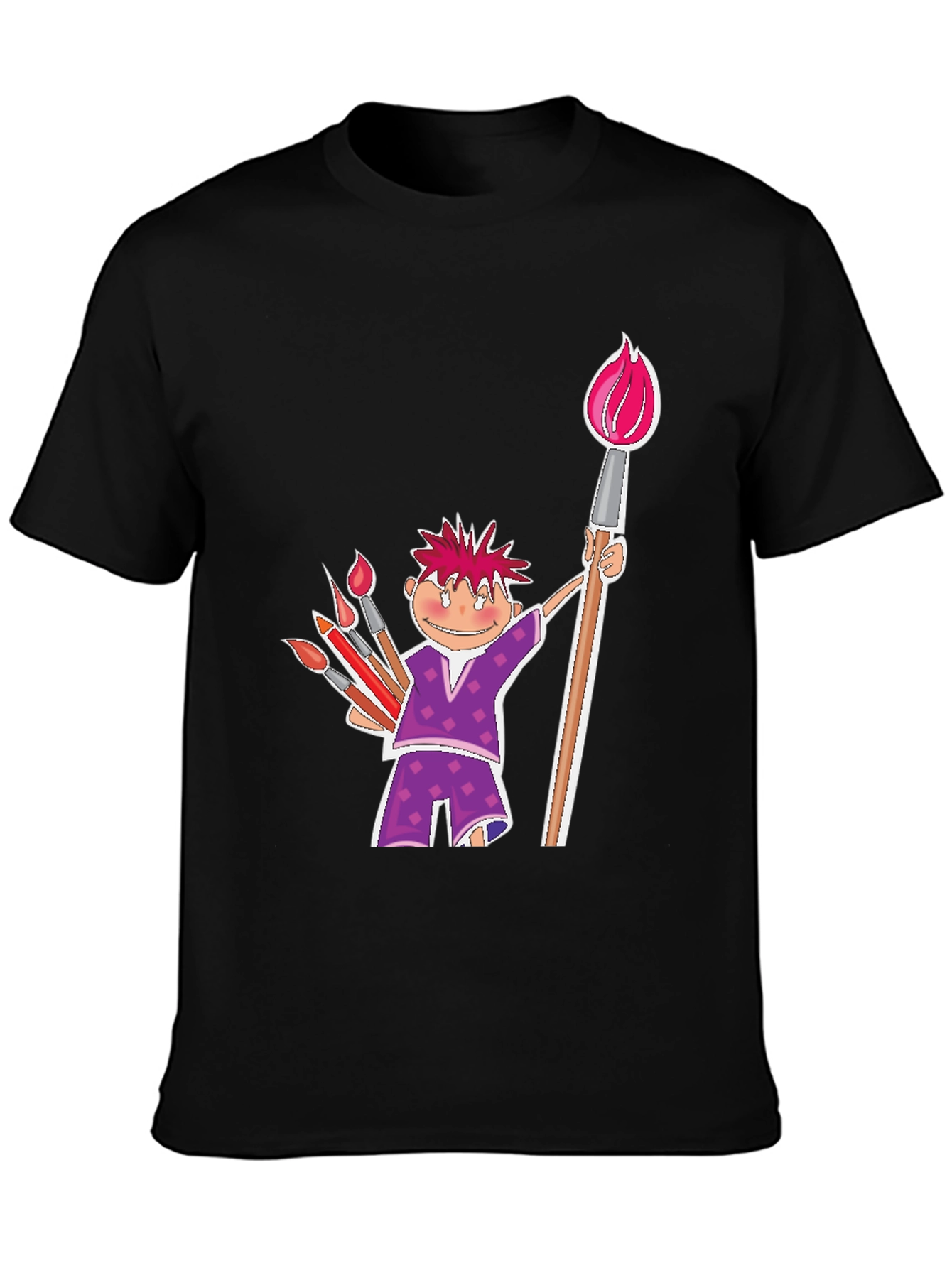 Cartoon Artist Black Cotton T-Shirt