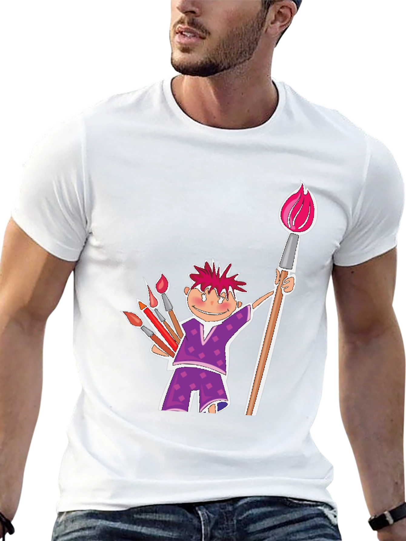 Cartoon Artist Black Cotton T-Shirt