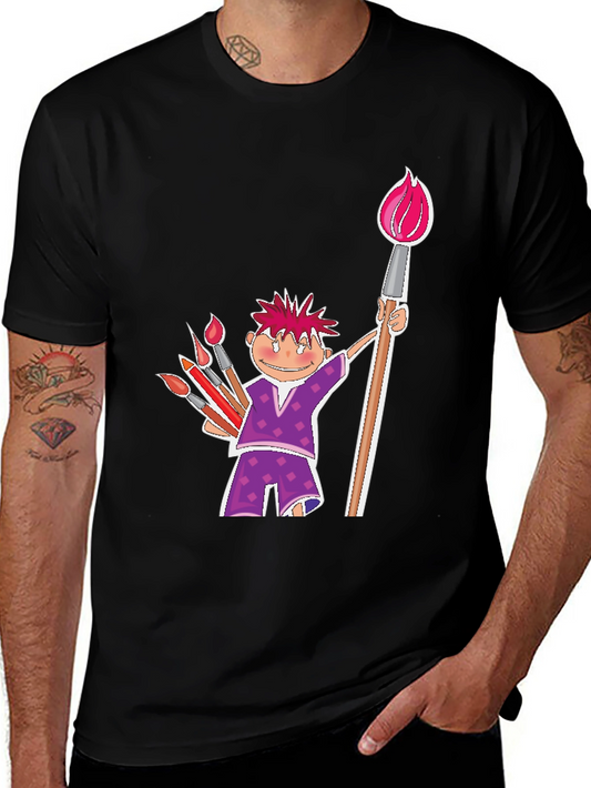 Cartoon Artist Black Cotton T-Shirt