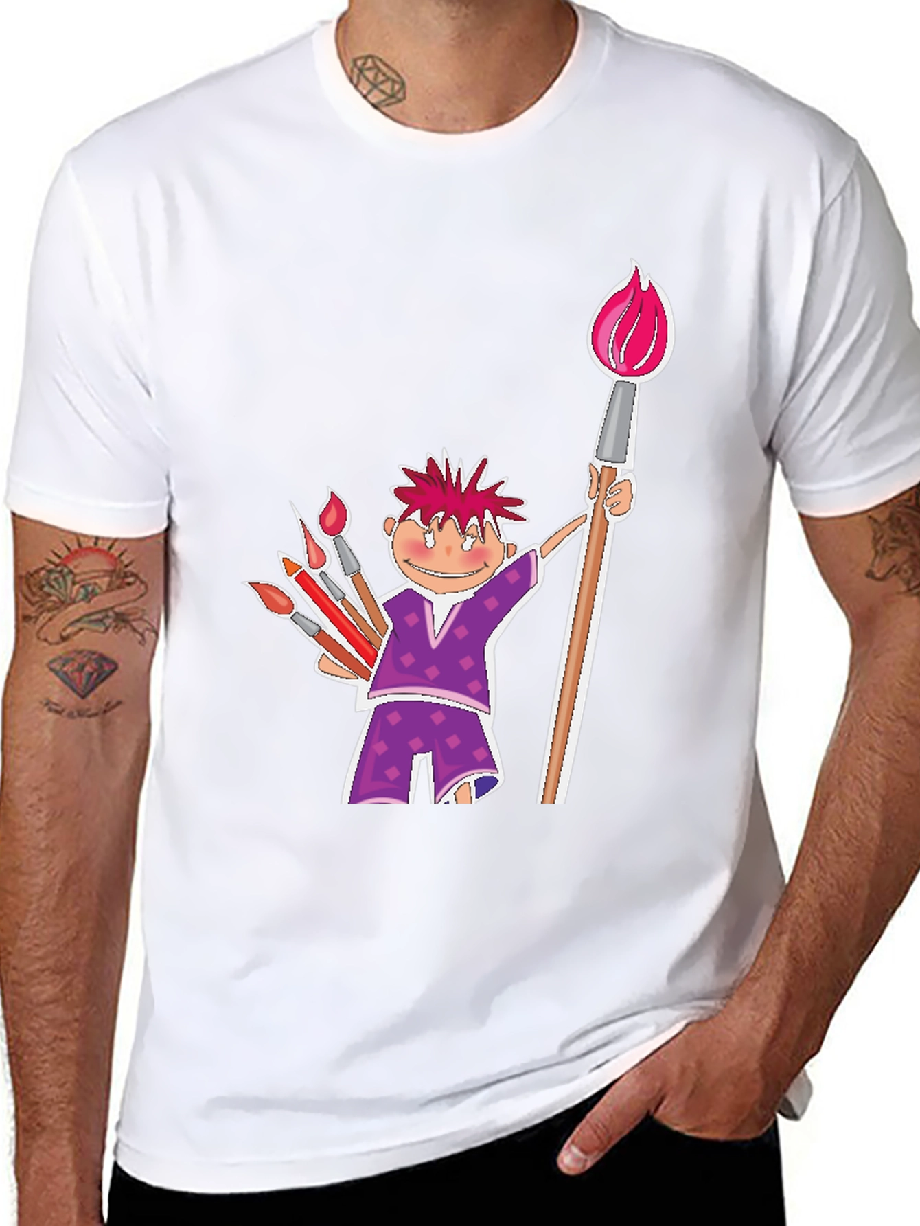 Cartoon Artist Black Cotton T-Shirt