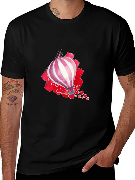 Watercolor Hot Air Balloon Hearts Black T-Shirt