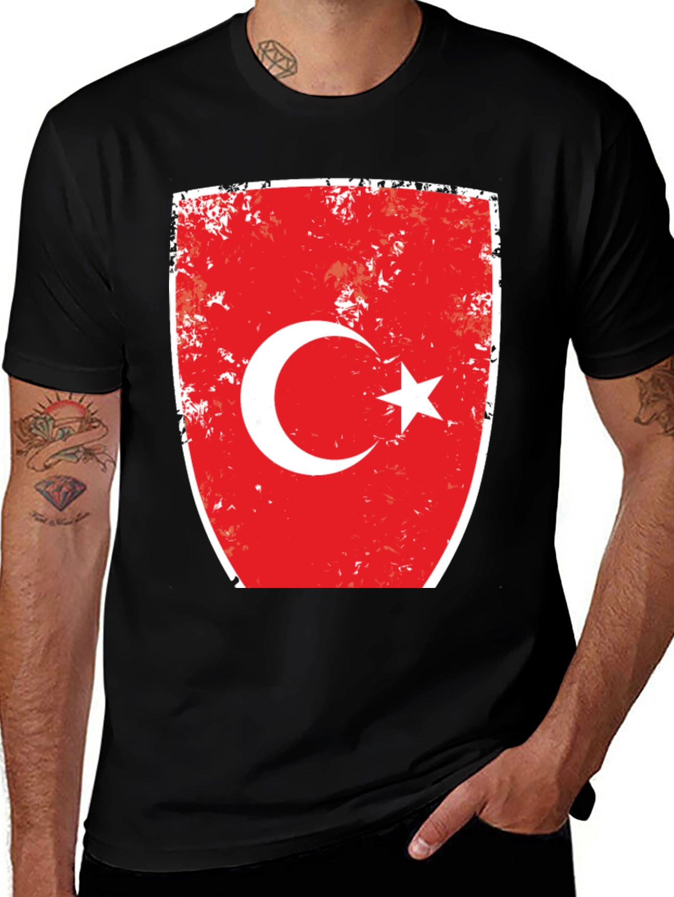 Turkey Flag Distressed Graphic Tee - Black Cotton T-Shirt