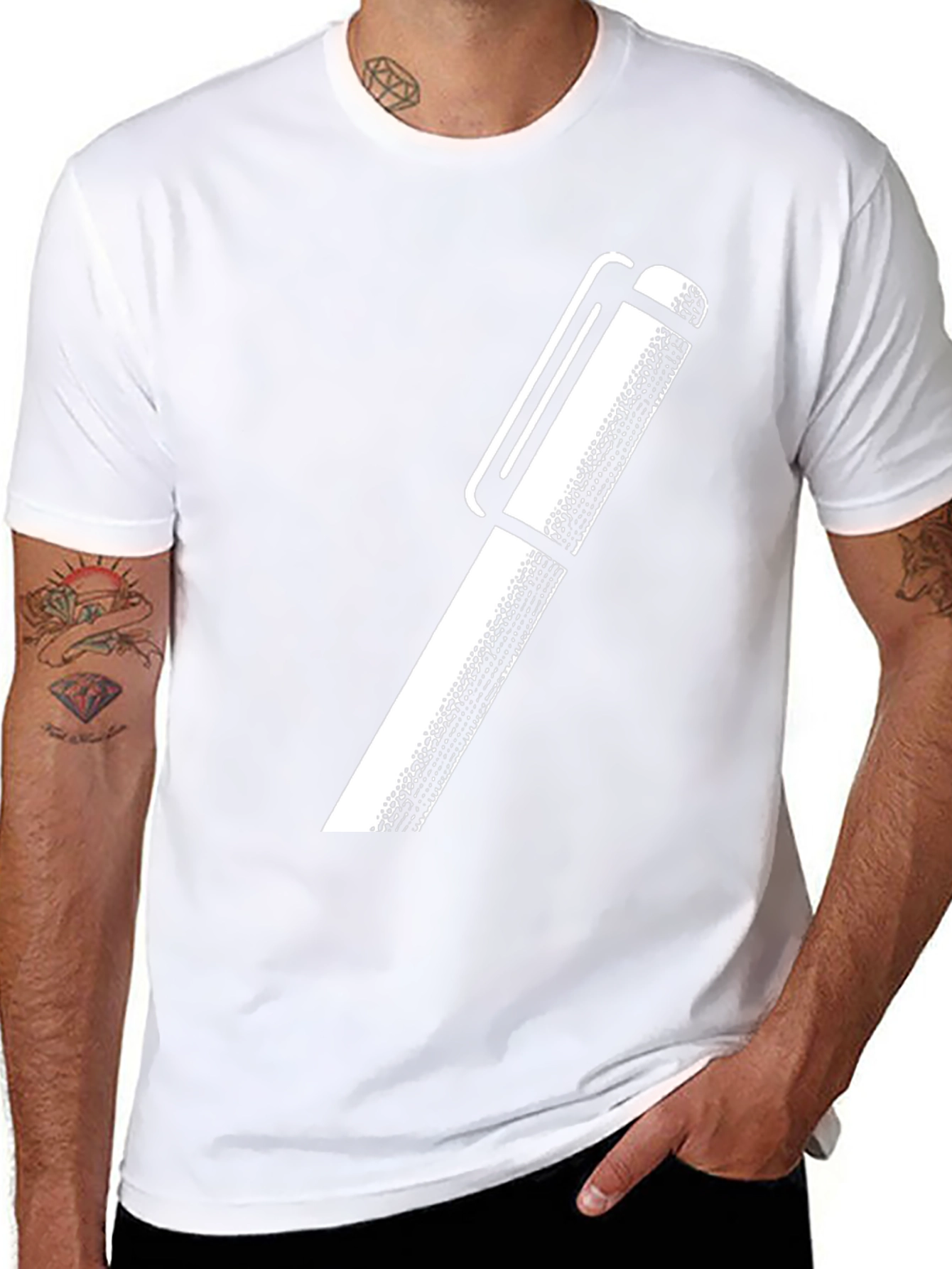Mens Black T-Shirt with White Pen Graphic