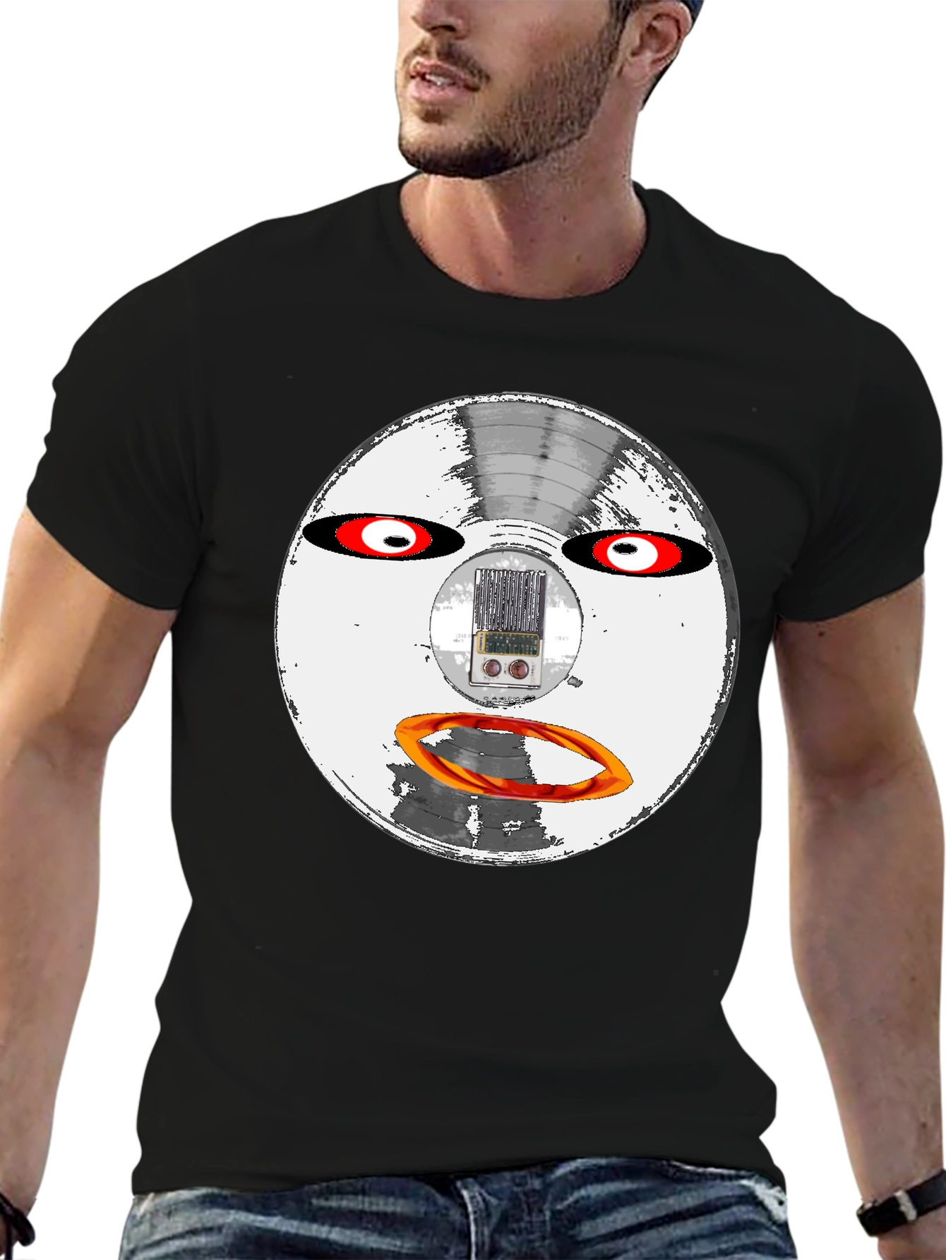Retro Robot Face Black T-Shirt