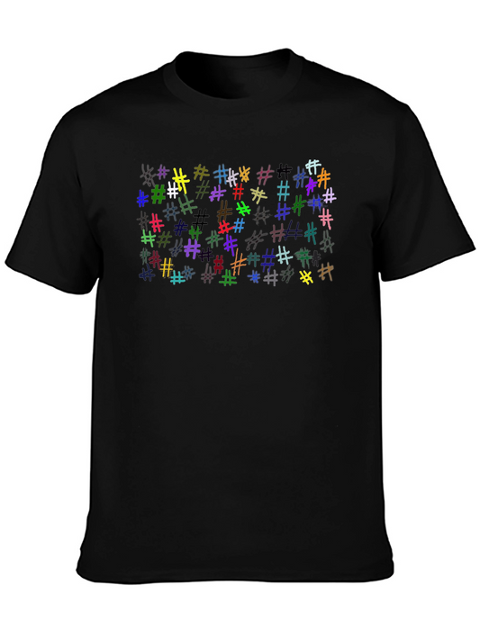 Colorful Hashtag Print Black Cotton Tee