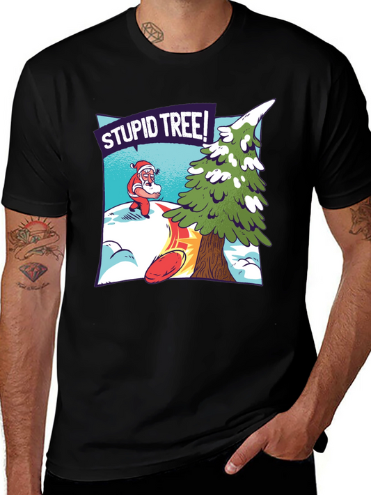 Funny Santa Stupid Tree! Graphic Tee - Black Cotton Blend