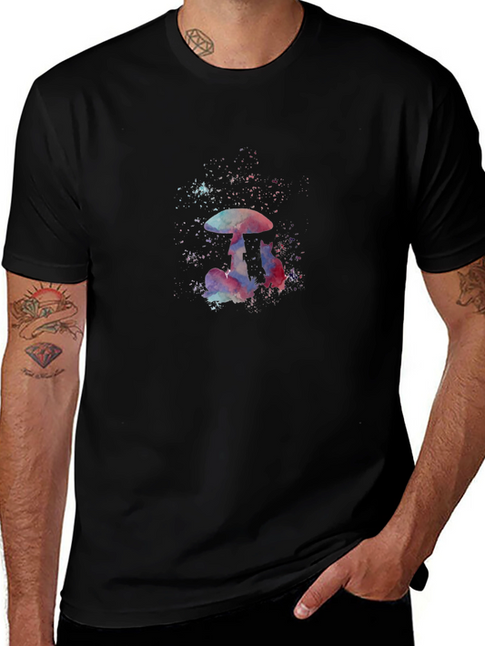 Mushroom Cat Watercolor Graphic Tee - Black
