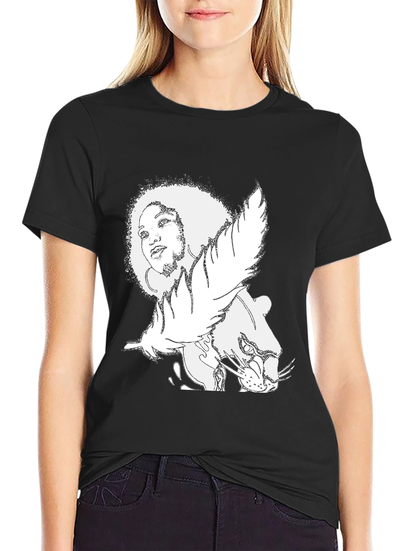 Afro Woman & Panther Graphic Tee - Black