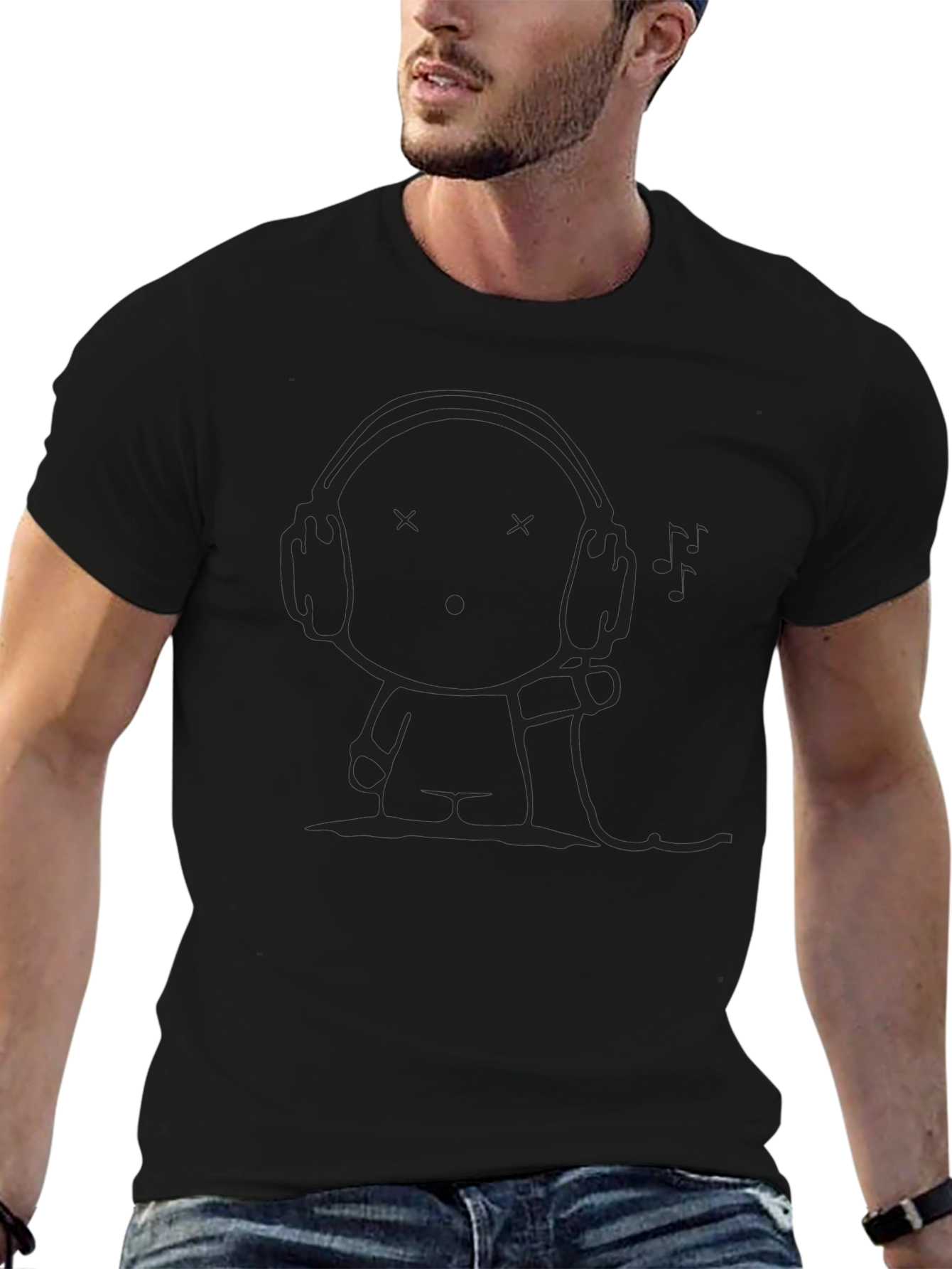 Mens Black T-Shirt - Cartoon Headphone Graphic
