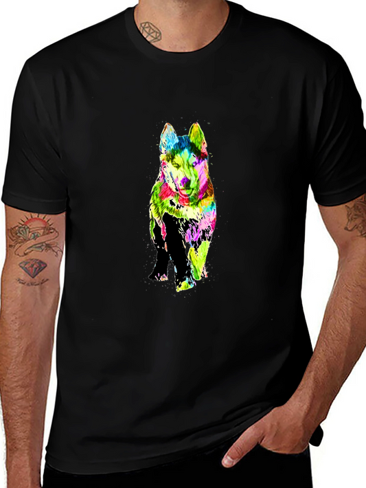 Colorful Husky Graphic Print Black T-Shirt