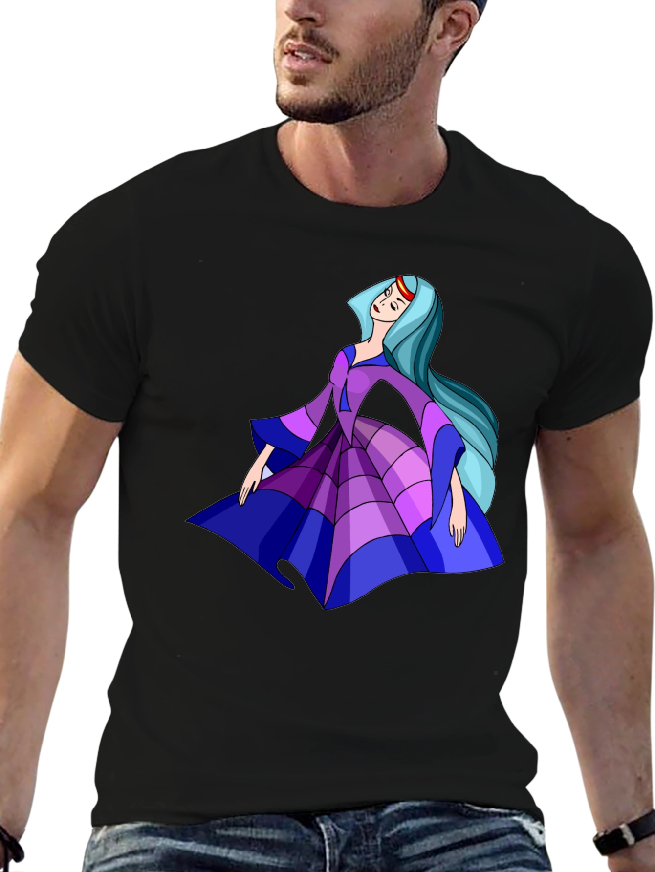 Cartoon Princess Graphic Tee - Black Cotton Casual Shirt