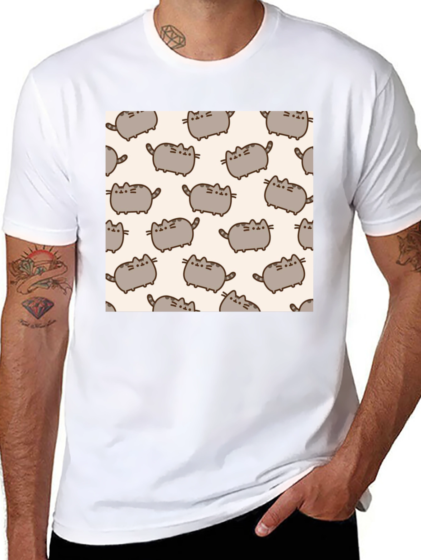 Pusheen Cat Pattern T-Shirt - Black
