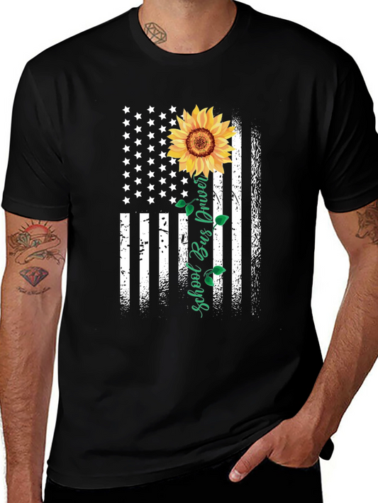 Sunflower American Flag School Bus Driver T-Shirt