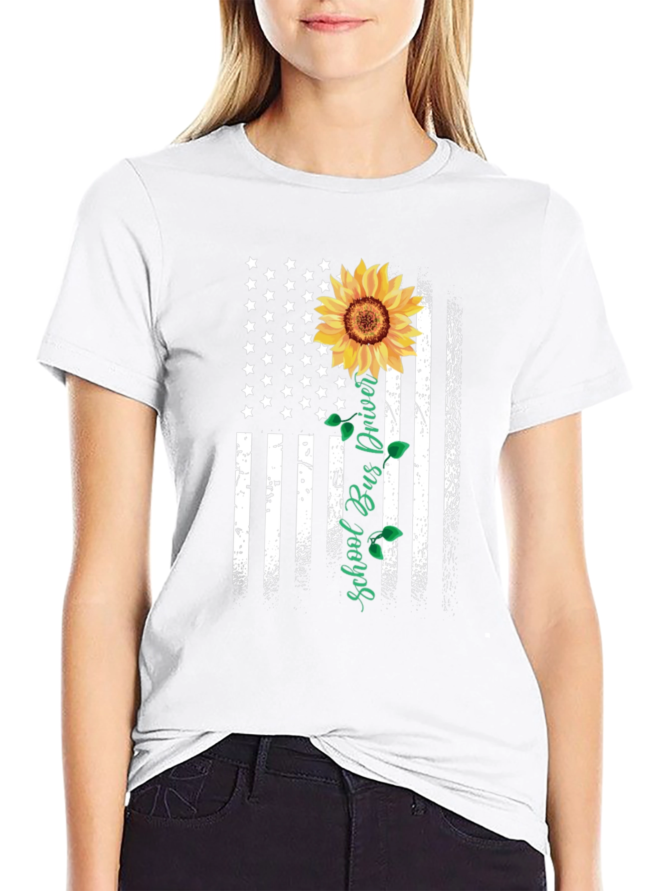Sunflower American Flag School Bus Driver T-Shirt