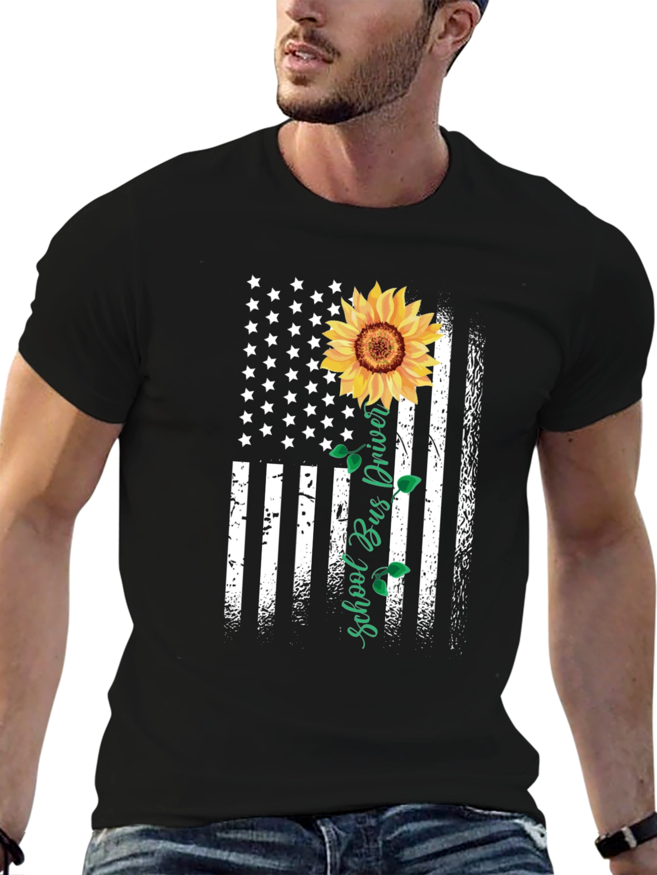 Sunflower American Flag School Bus Driver T-Shirt