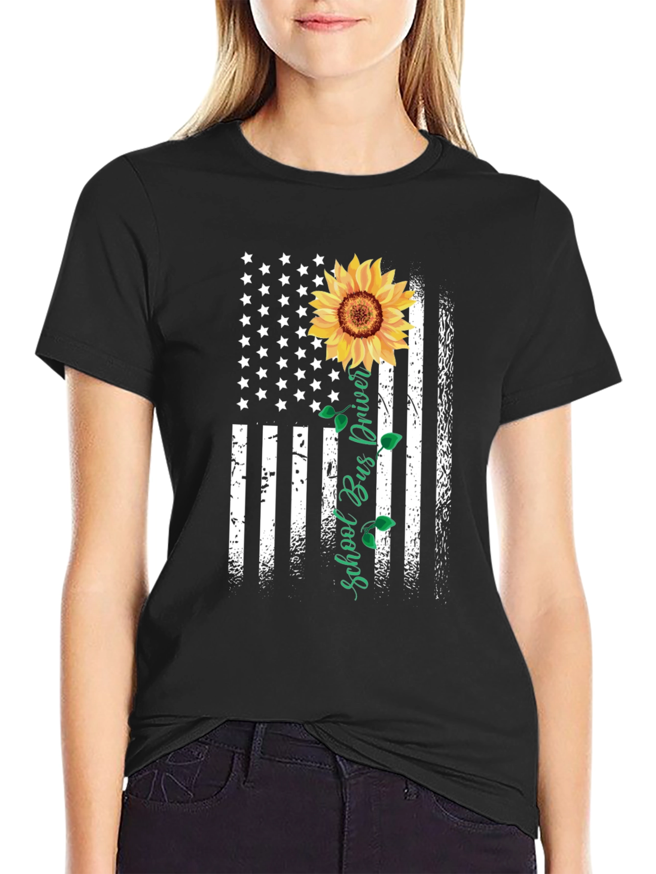 Sunflower American Flag School Bus Driver T-Shirt