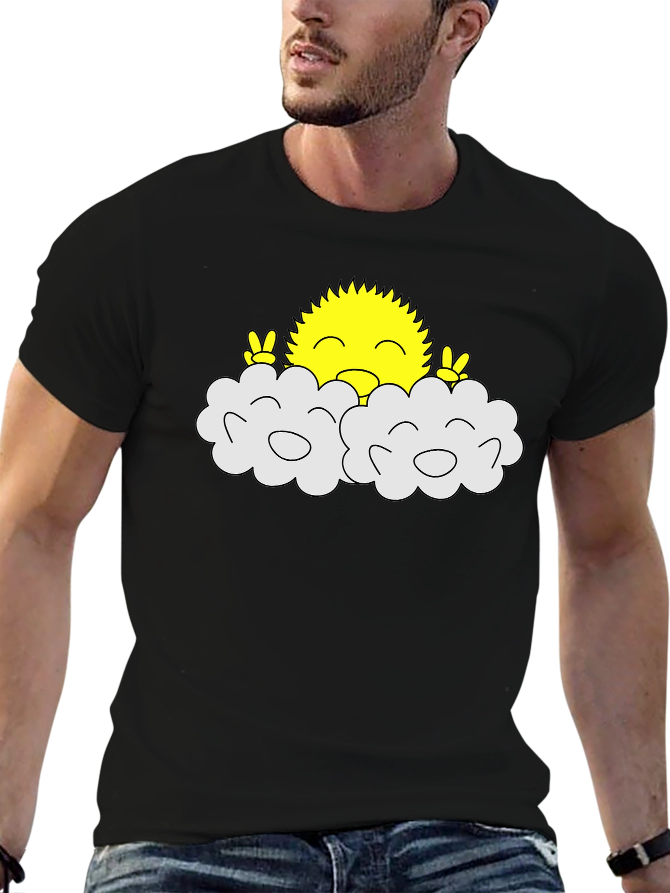Happy Sun Peeking Out of Clouds Black T-Shirt