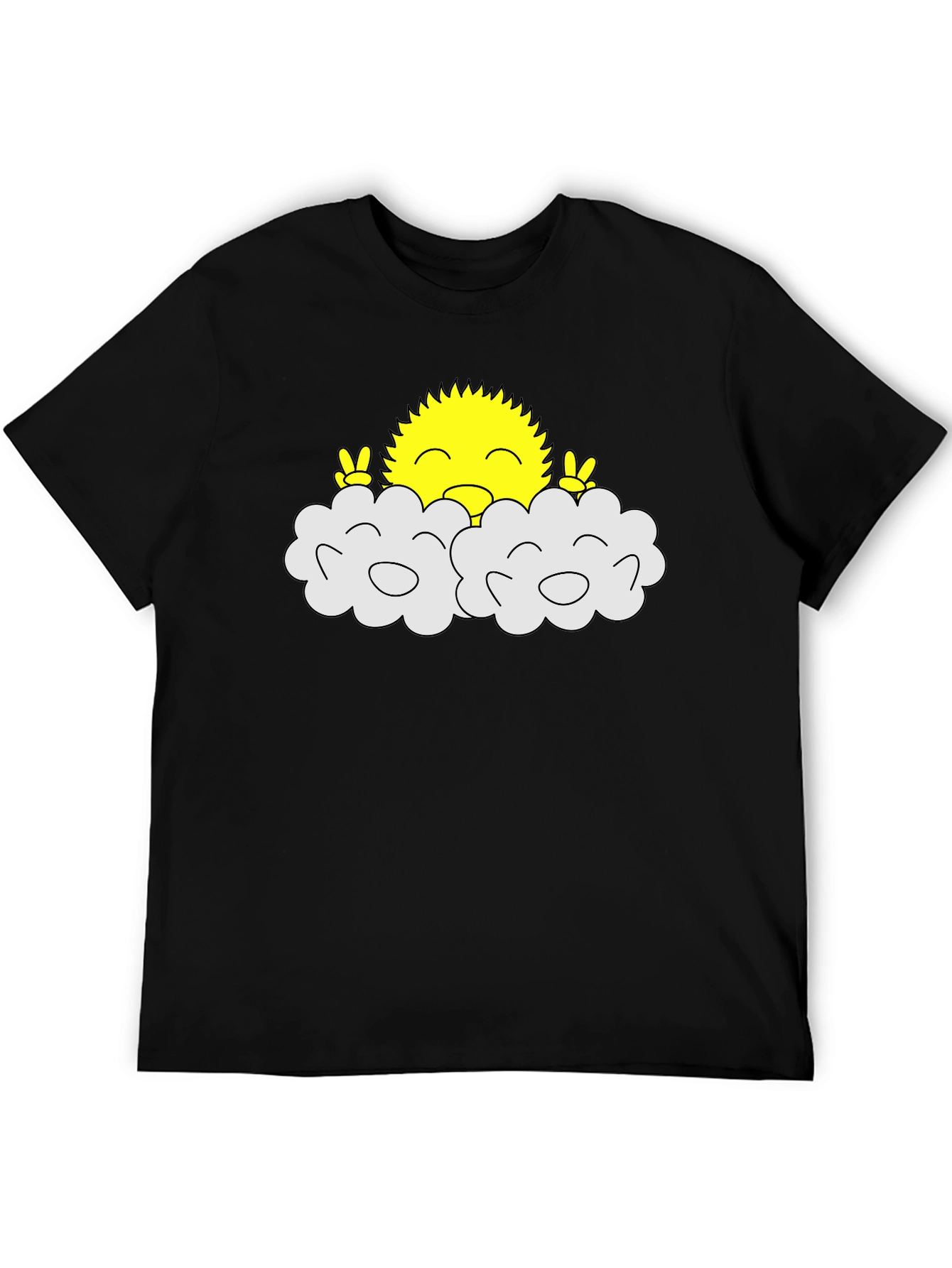 Happy Sun Peeking Out of Clouds Black T-Shirt