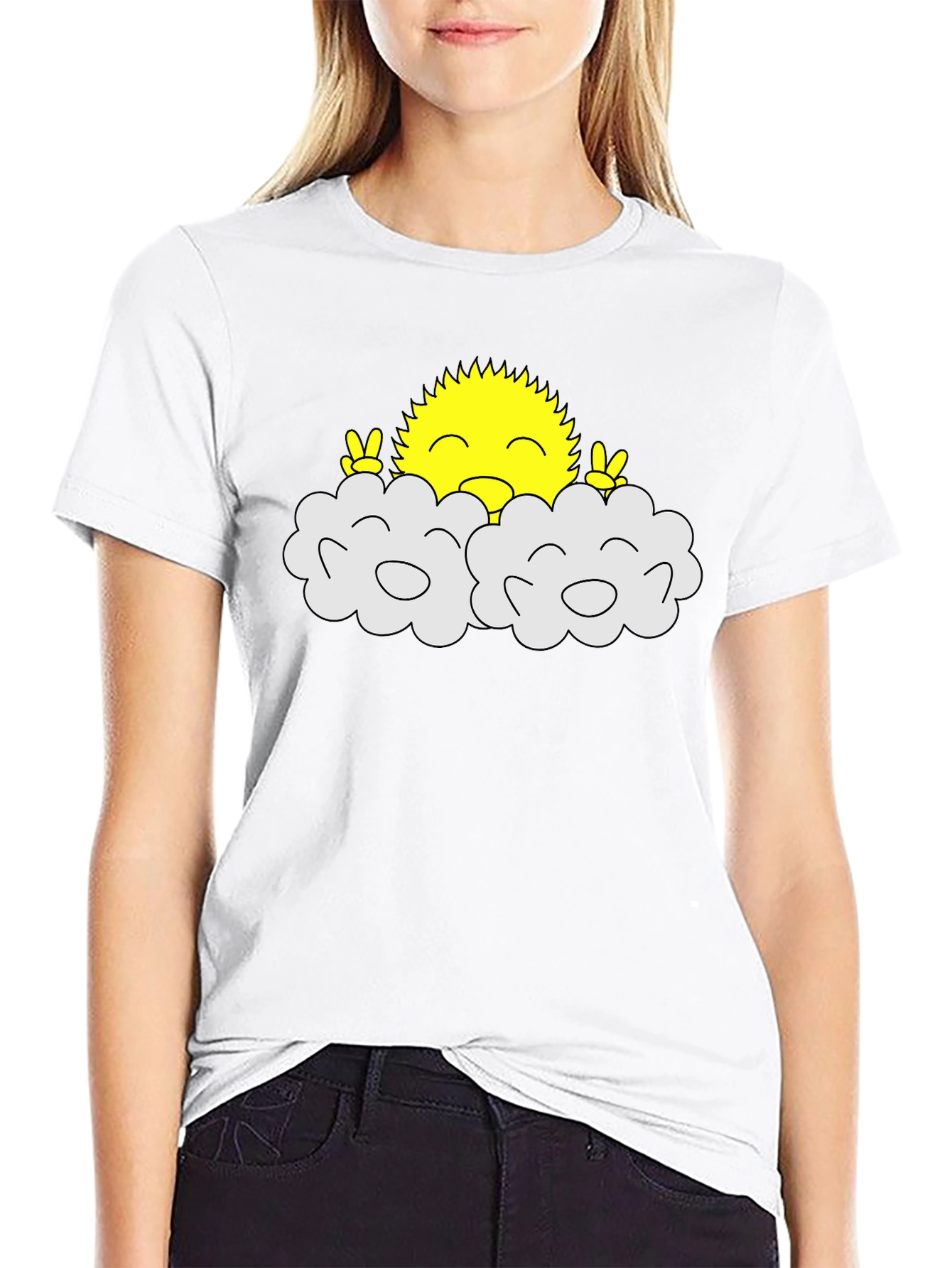 Happy Sun Peeking Out of Clouds Black T-Shirt