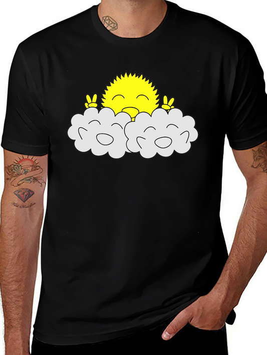 Happy Sun Peeking Out of Clouds Black T-Shirt