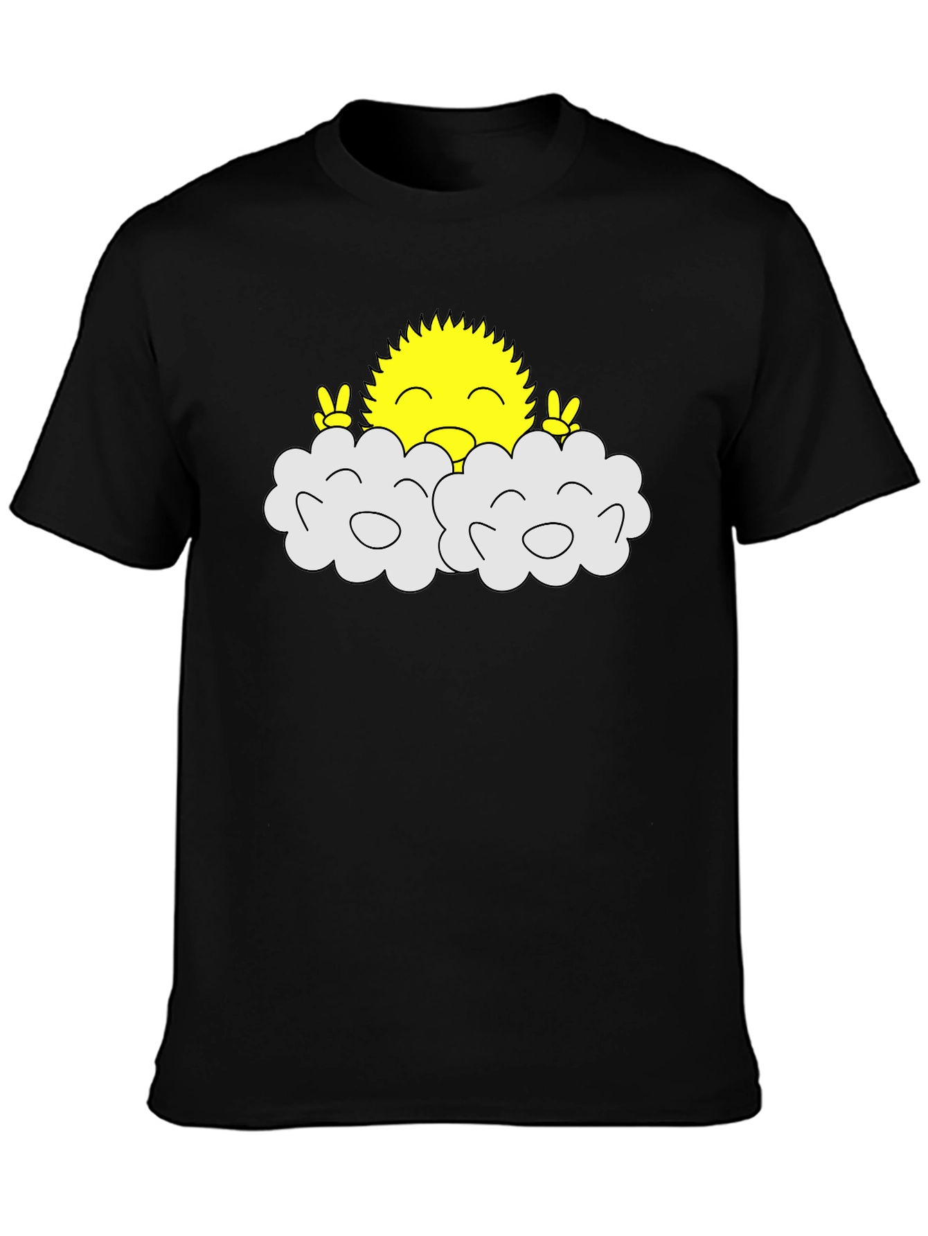 Happy Sun Peeking Out of Clouds Black T-Shirt