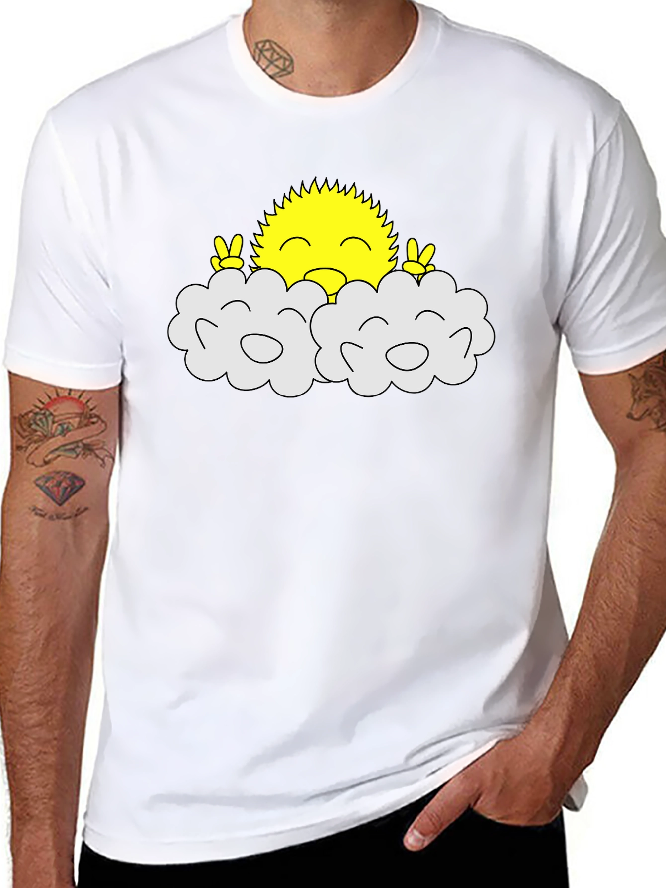 Happy Sun Peeking Out of Clouds Black T-Shirt