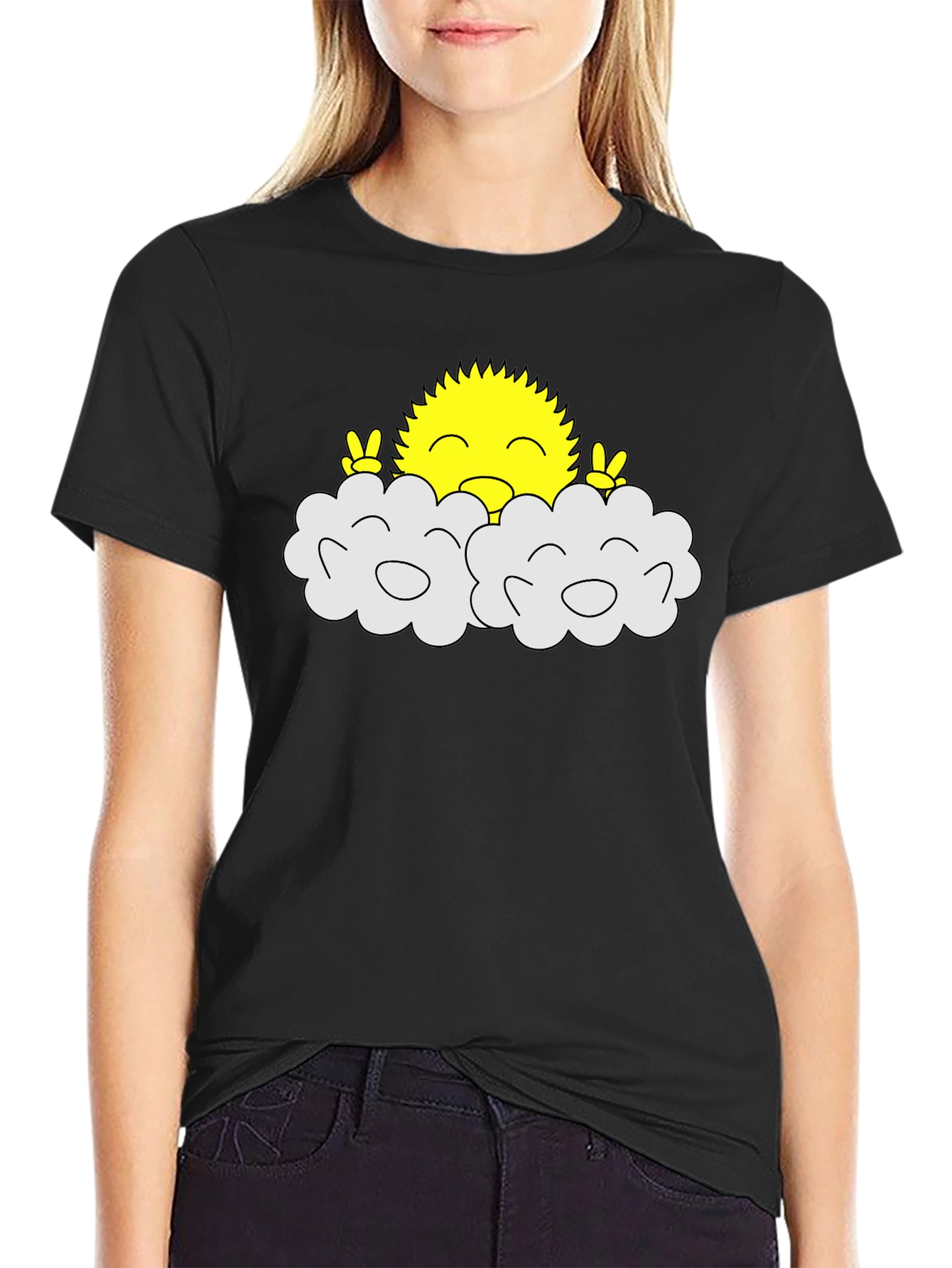 Happy Sun Peeking Out of Clouds Black T-Shirt