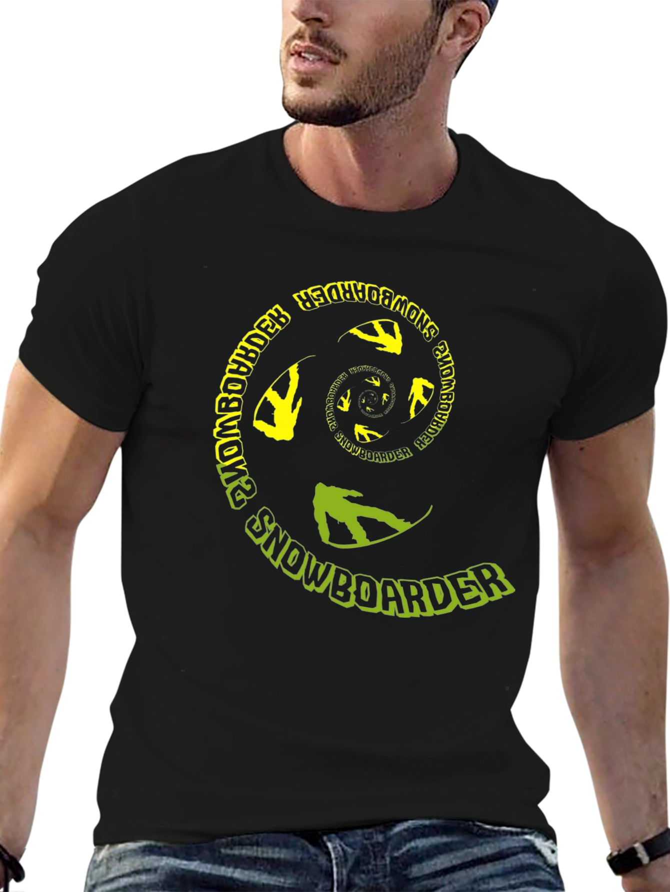 Snowboarder Spiral Graphic Tee - Black Cotton T-Shirt