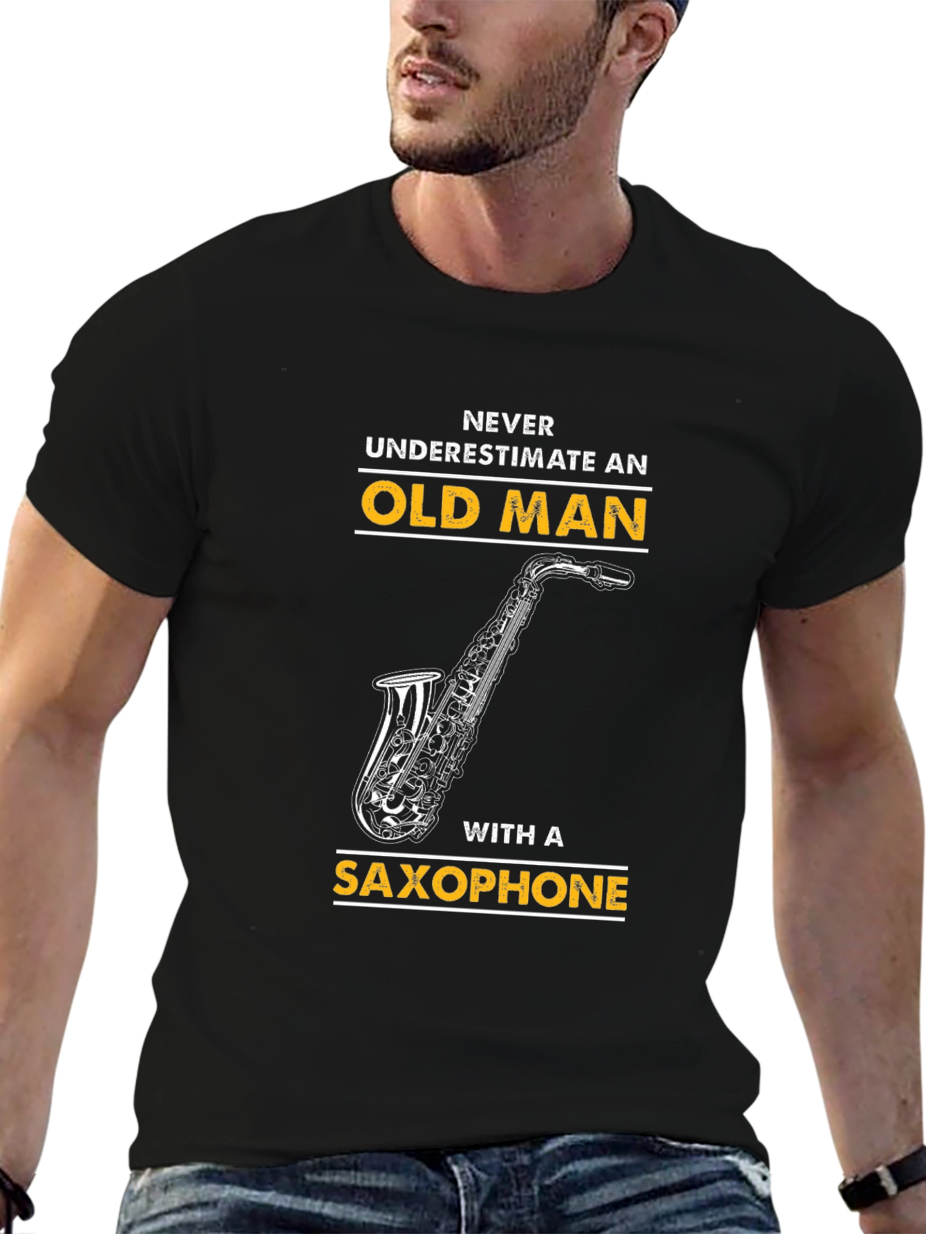 Old Man Saxophone Graphic T-Shirt - Black
