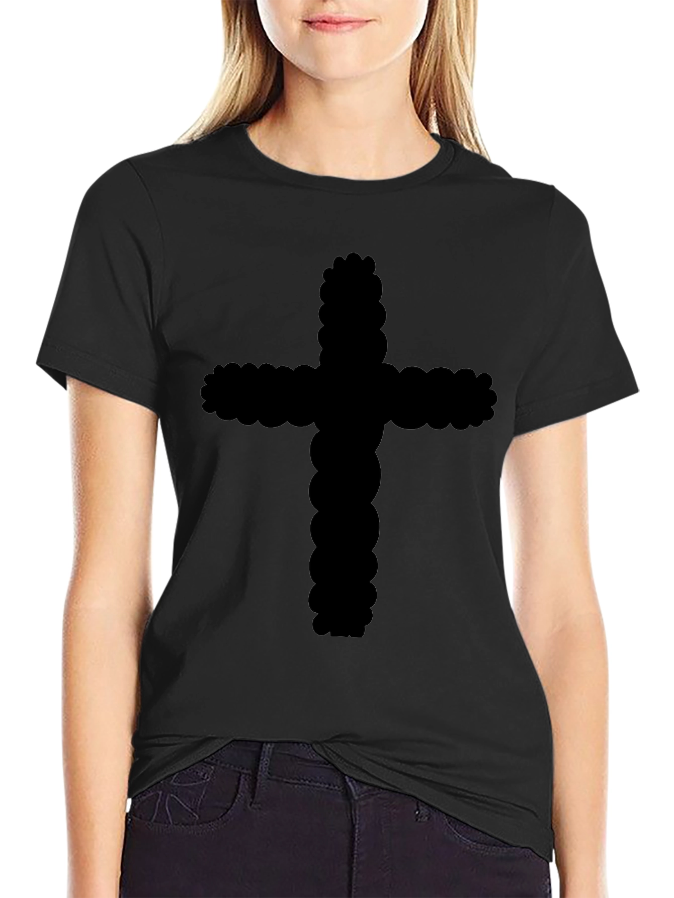 Black Cotton T-Shirt with Cross Design
