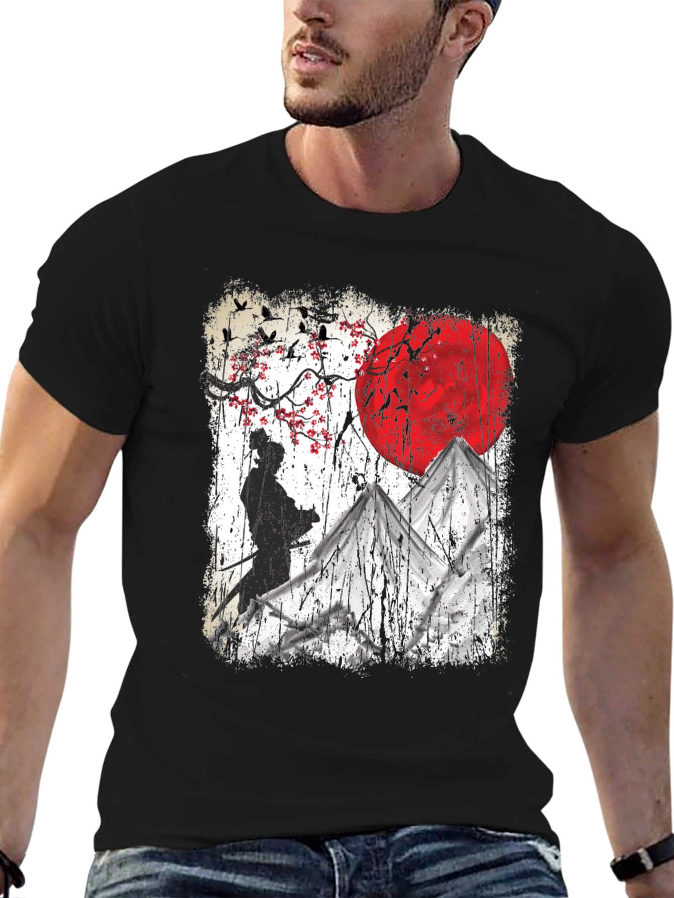 Samurai Moon Graphic Tee - Soft Cotton Blend T-Shirt