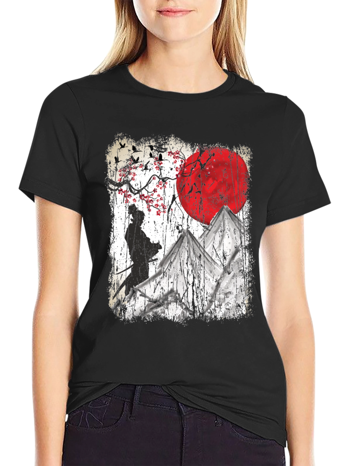 Samurai Moon Graphic Tee - Soft Cotton Blend T-Shirt