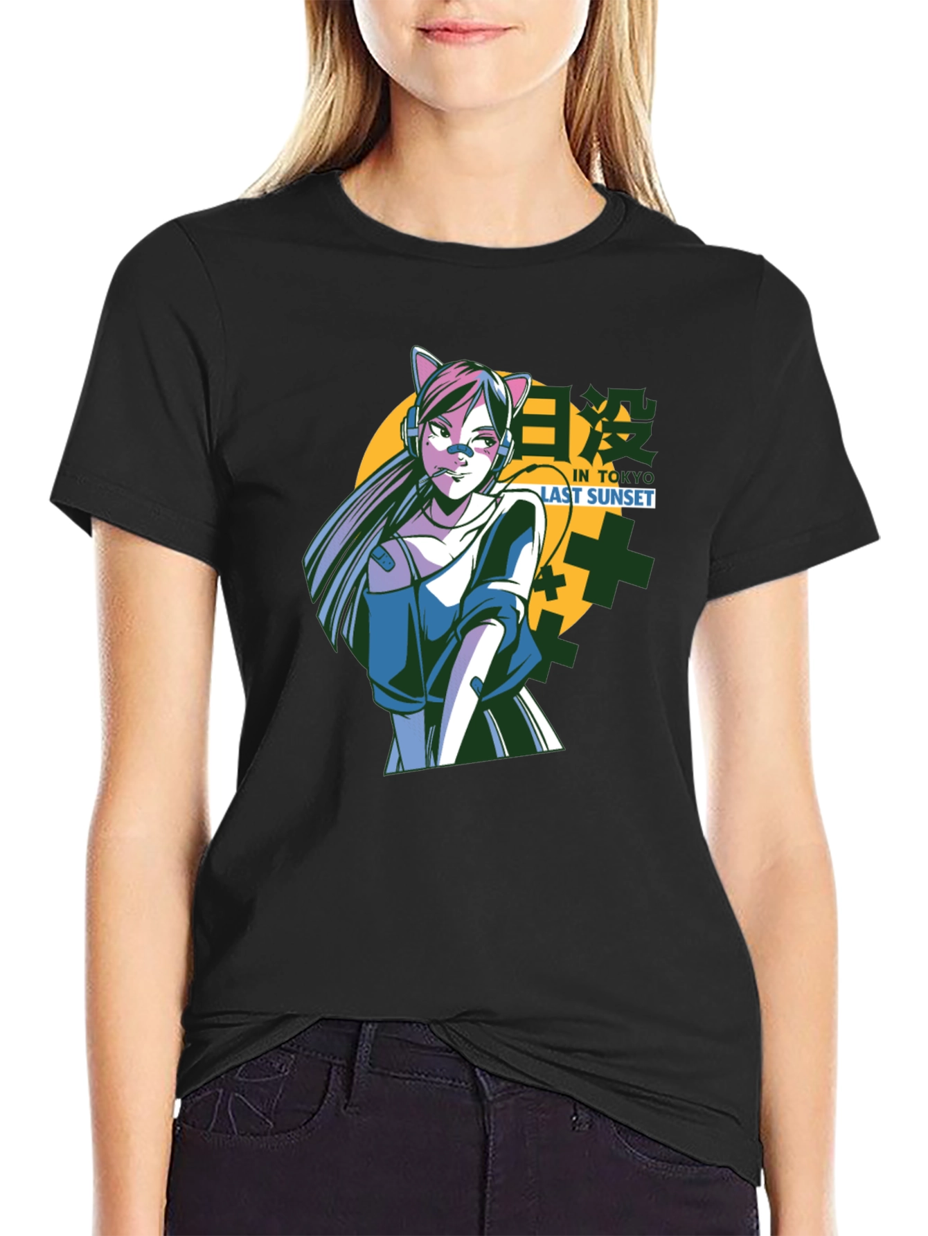 Anime Cat Girl T-Shirt - Tokyo Sunset Design