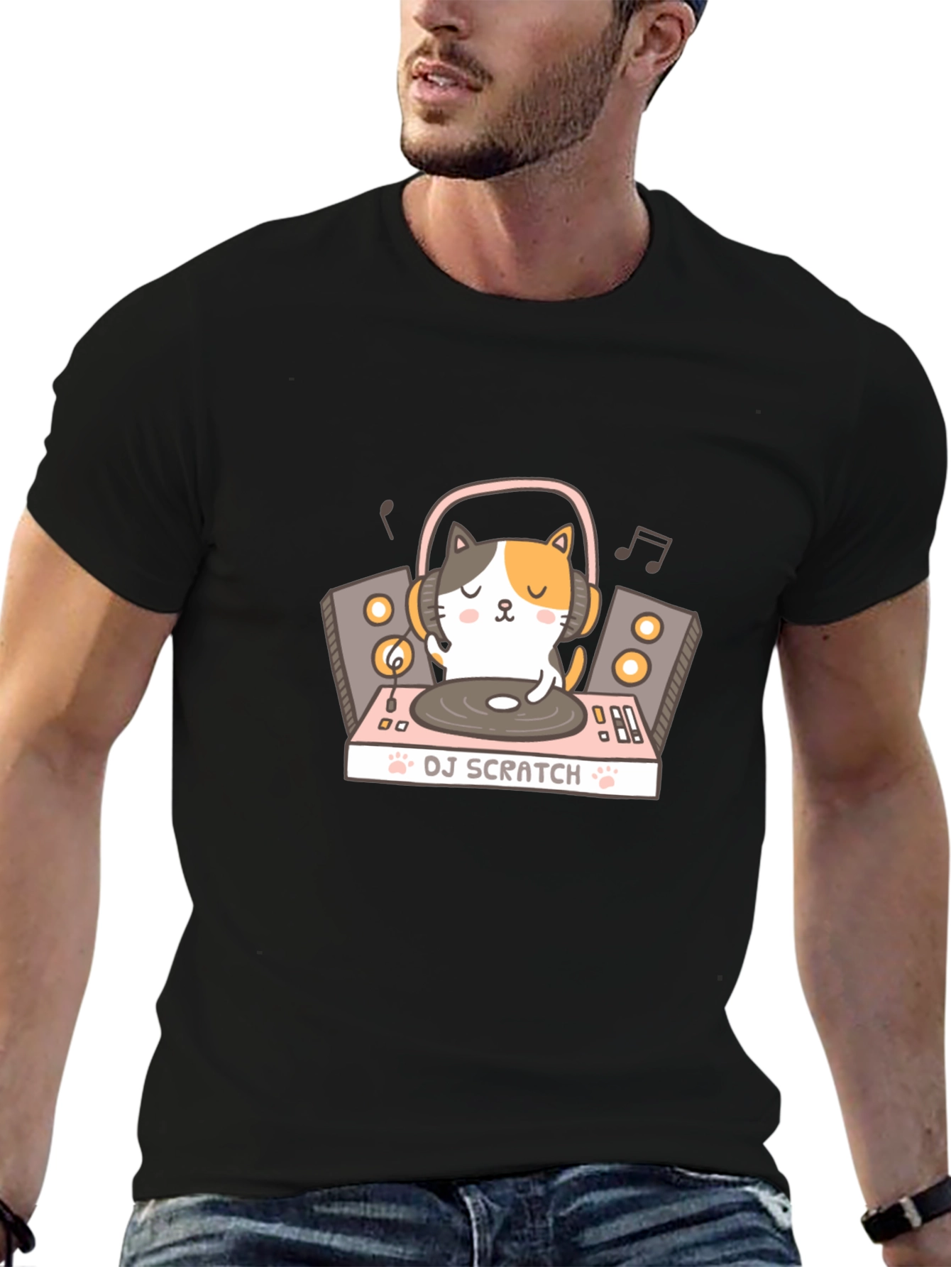 DJ Cat Scratch T-Shirt - Black Cotton Tee