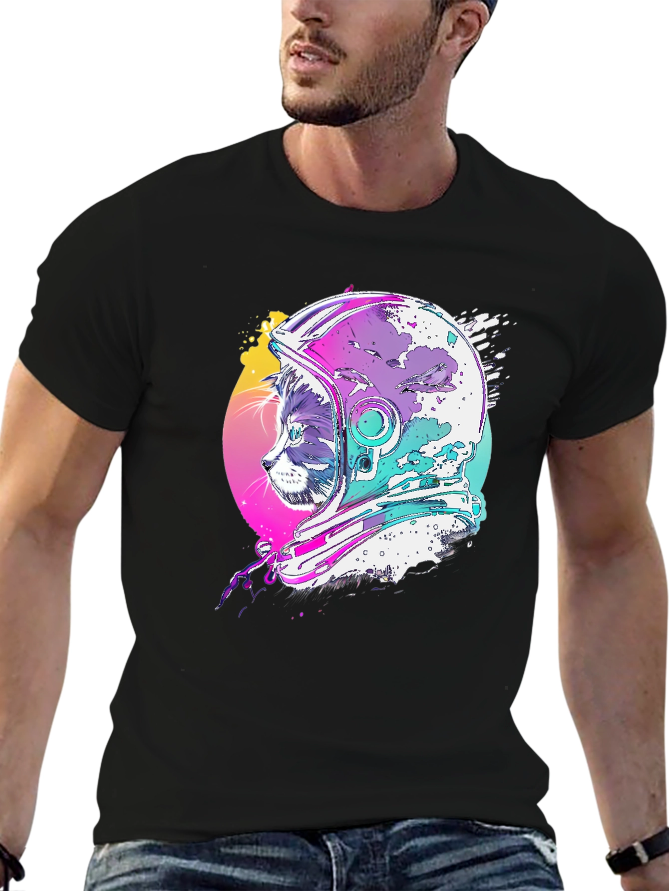Cat Astronaut Graphic Tee - Black Cotton Blend