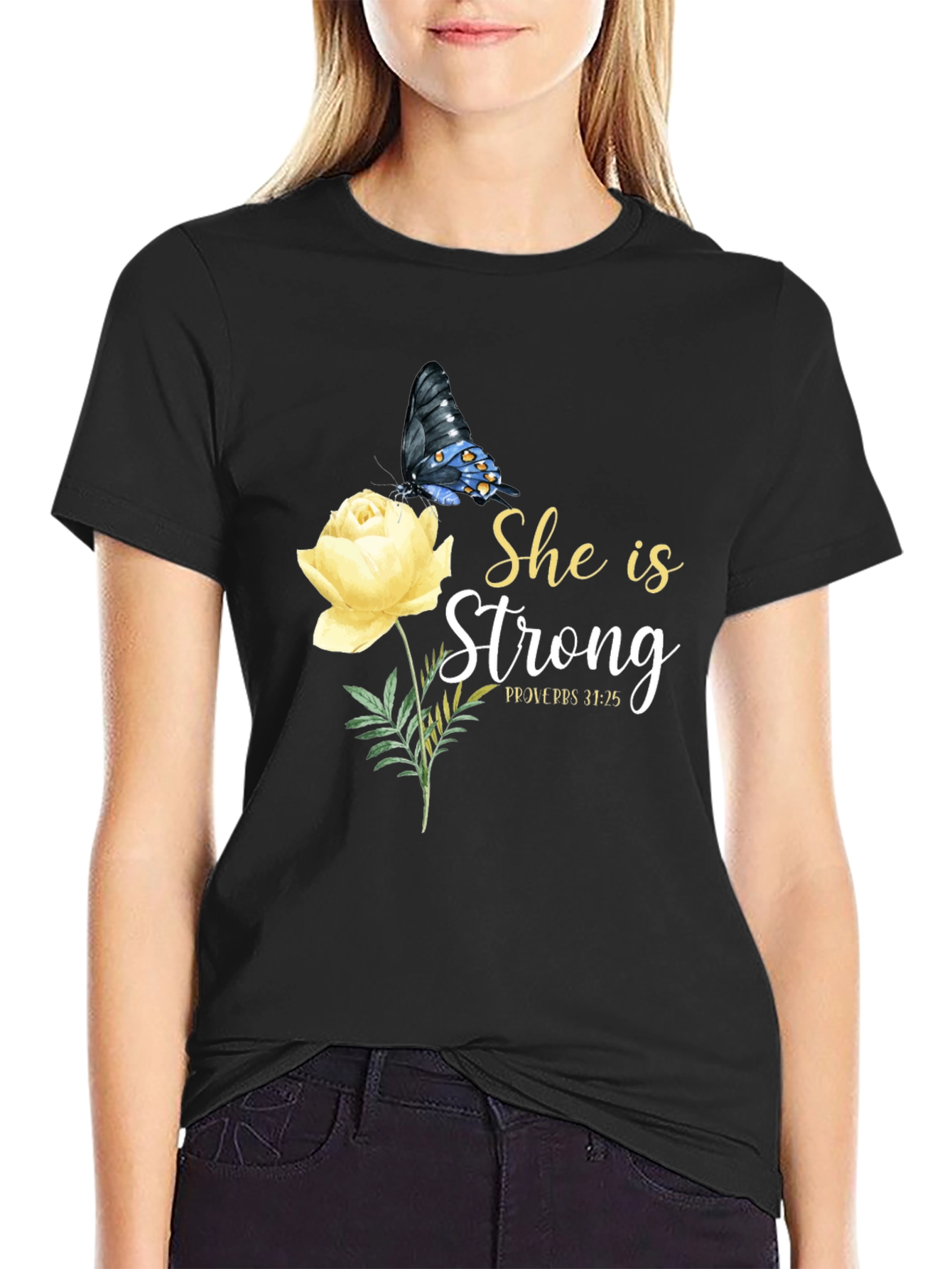 She Is Strong Butterfly Rose Graphic Tee