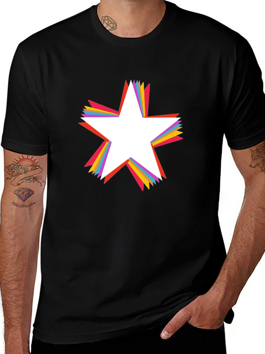 Rainbow Star Graphic Tee - Black Cotton Casual T-Shirt