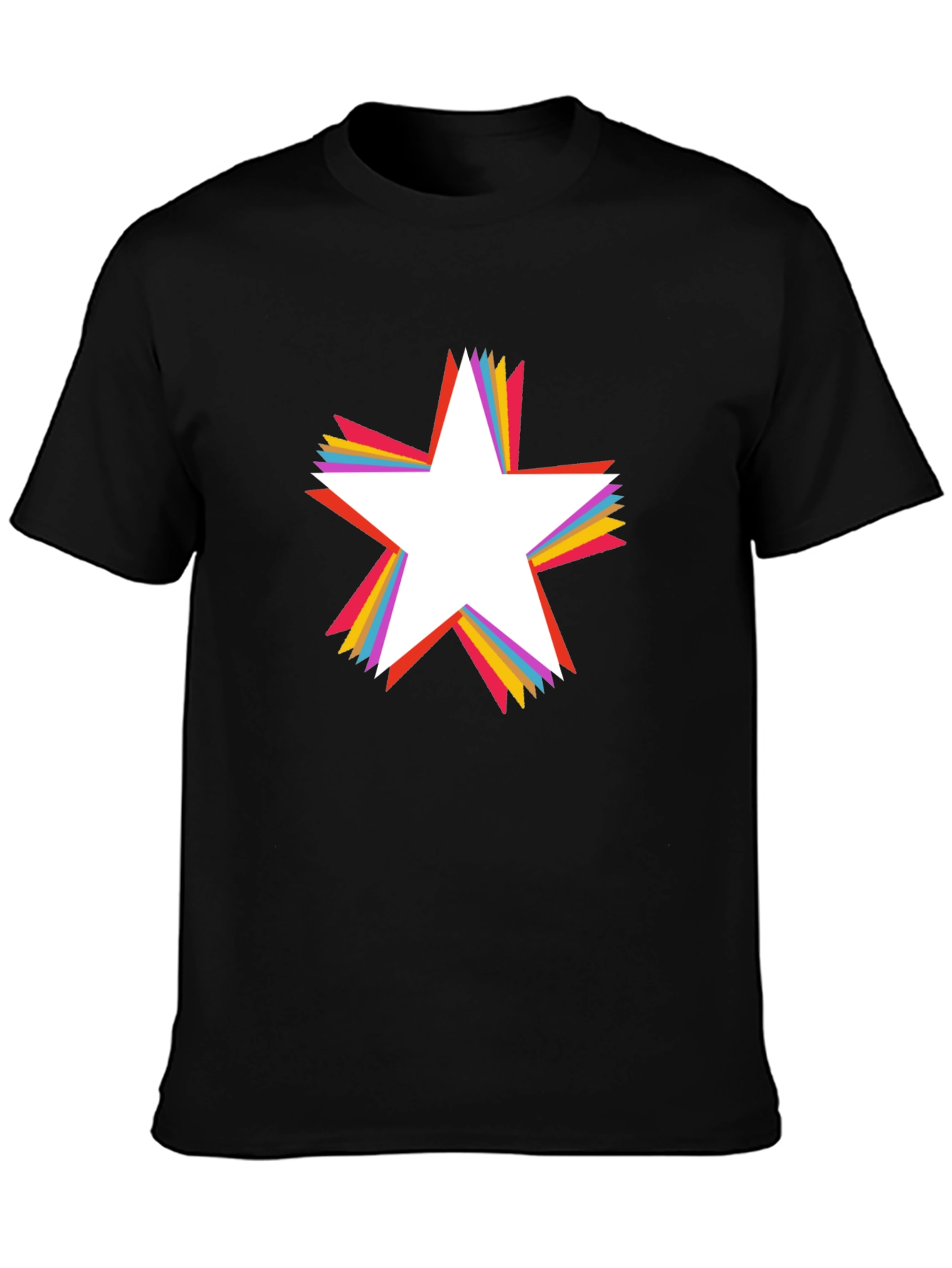 Rainbow Star Graphic Tee - Black Cotton Casual T-Shirt