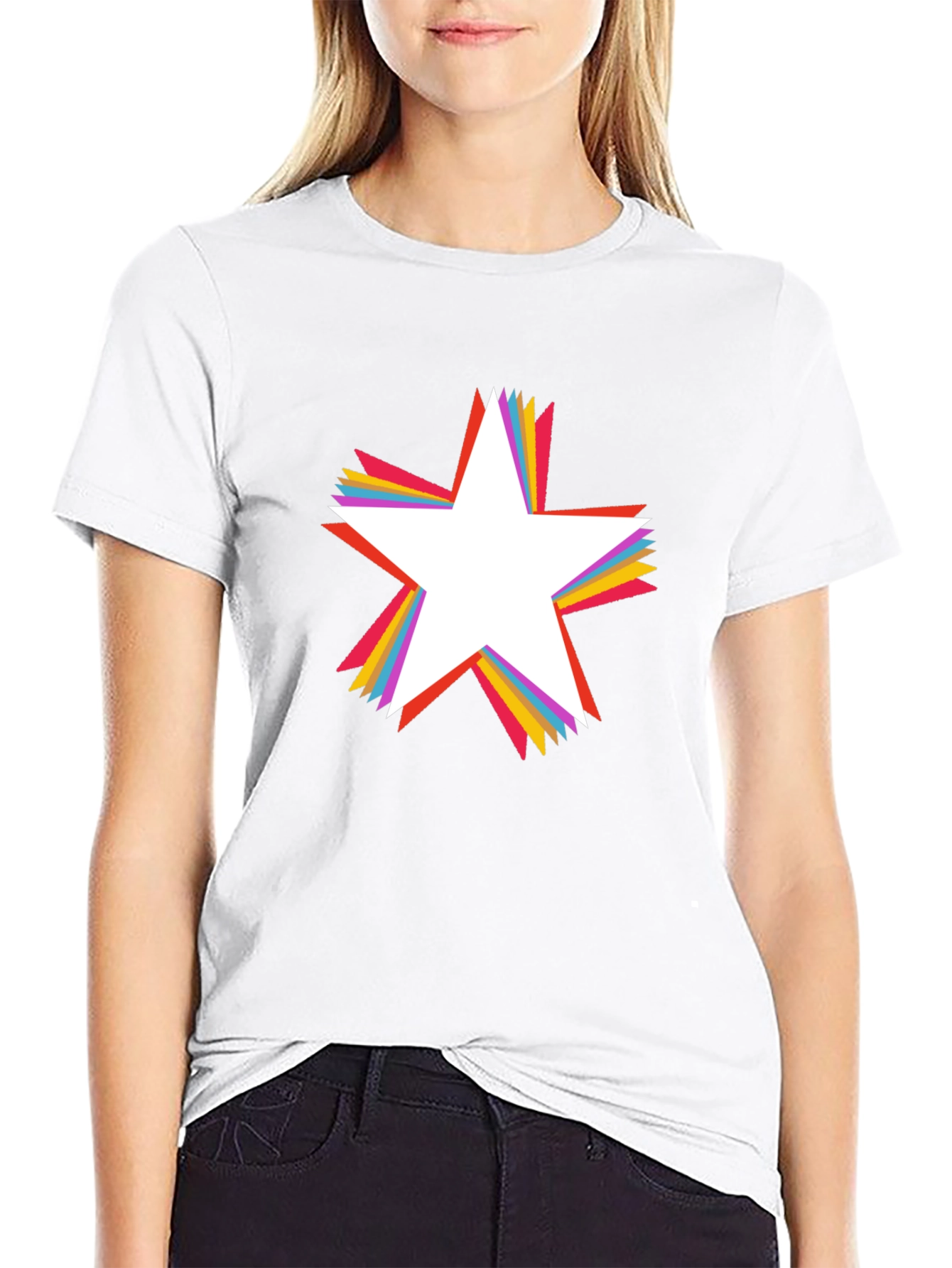 Rainbow Star Graphic Tee - Black Cotton Casual T-Shirt