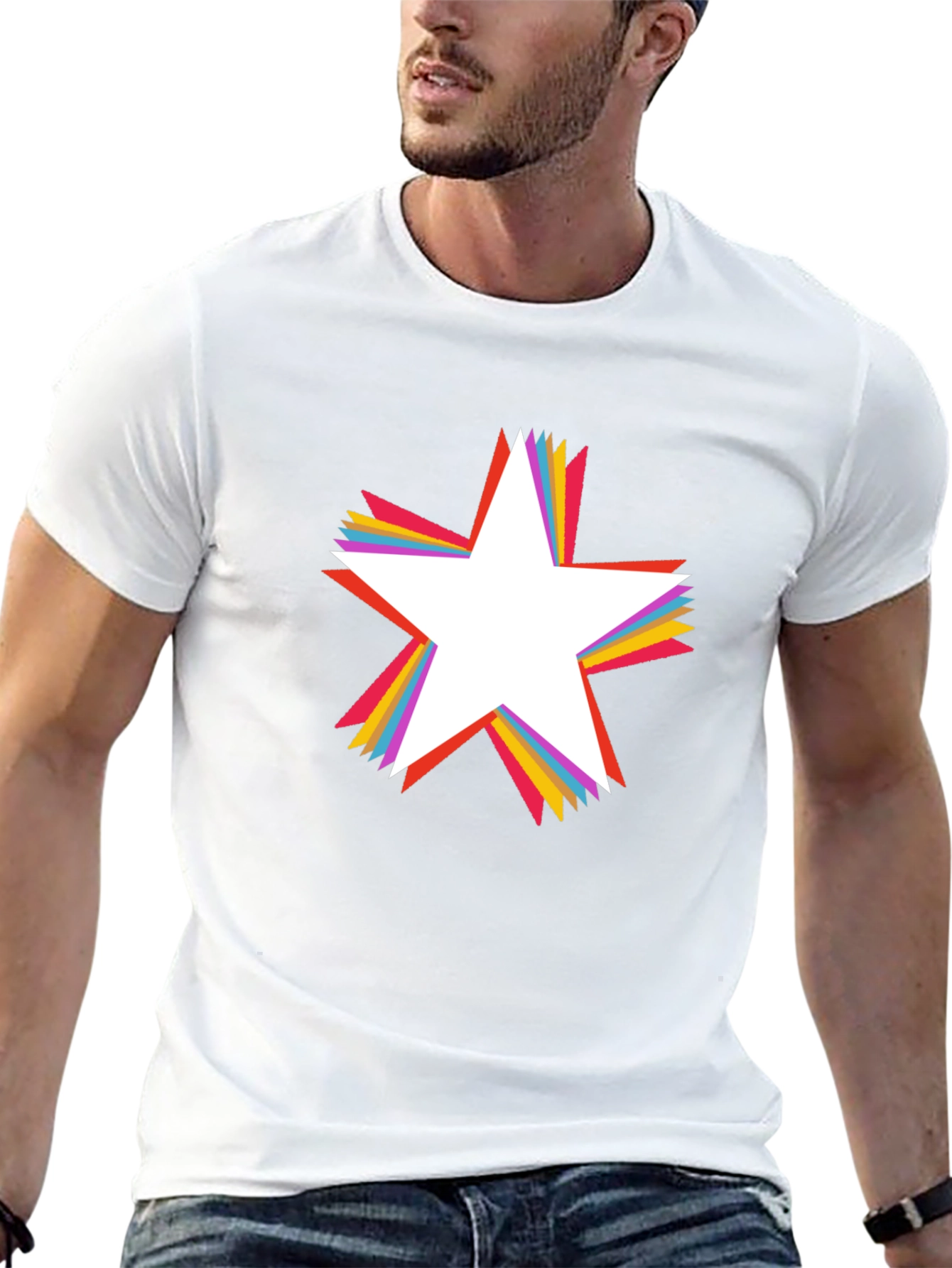 Rainbow Star Graphic Tee - Black Cotton Casual T-Shirt