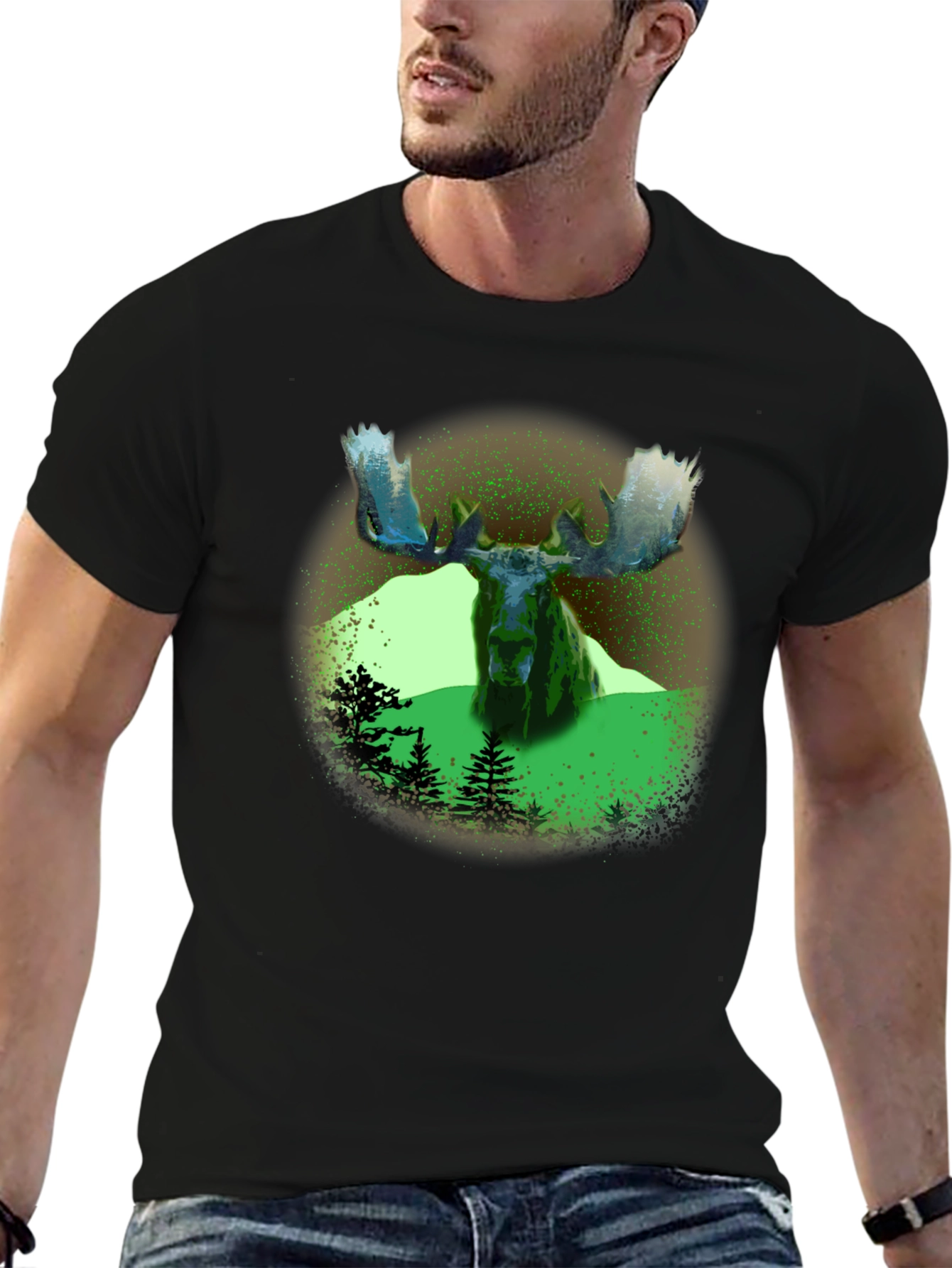 Moose Graphic Print Black T-Shirt