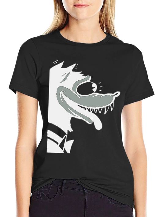 Cartoon Wolf Graphic Tee - Black Cotton T-Shirt