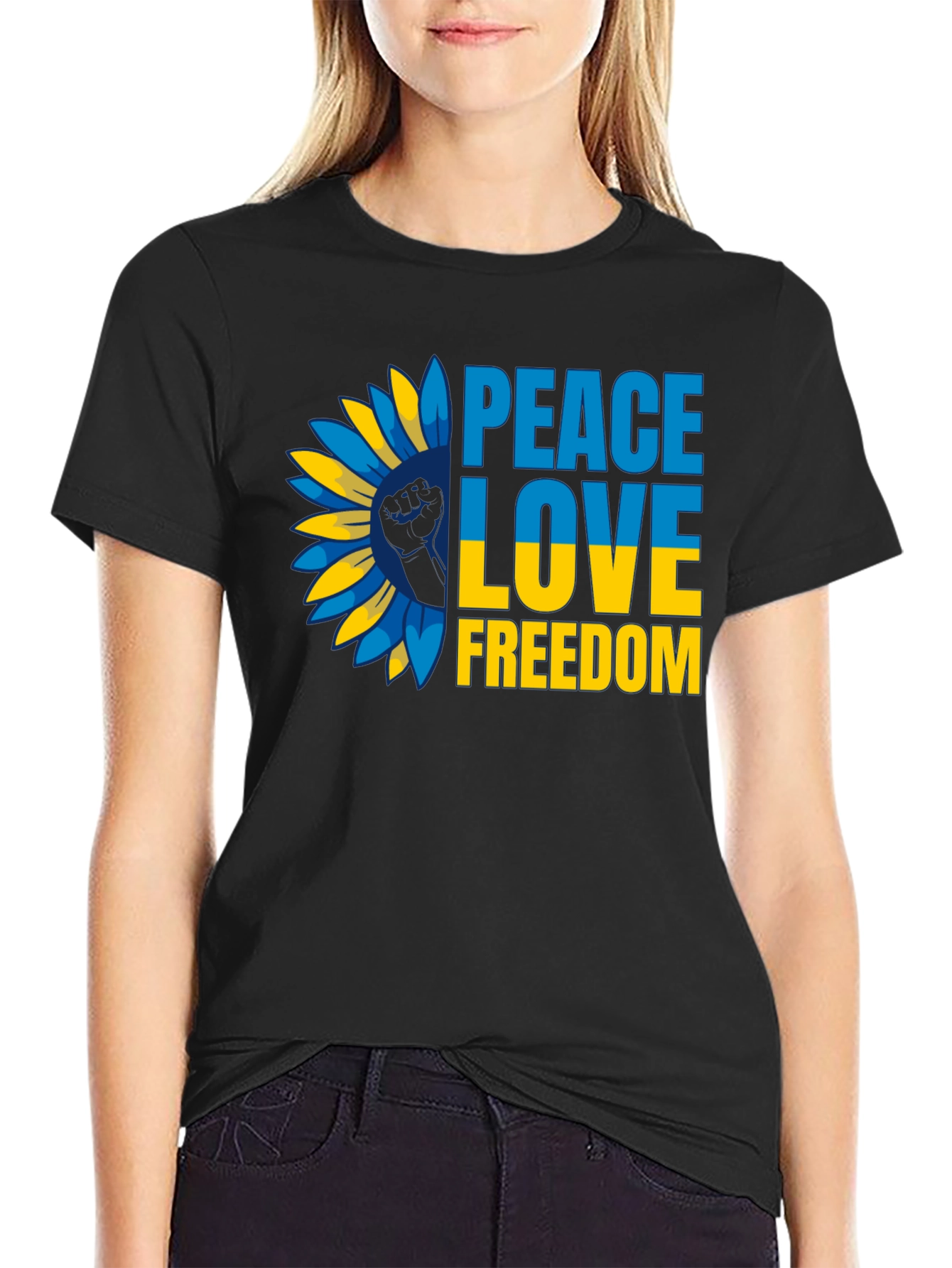Ukraine Peace Love Freedom T-Shirt Sunflower Design