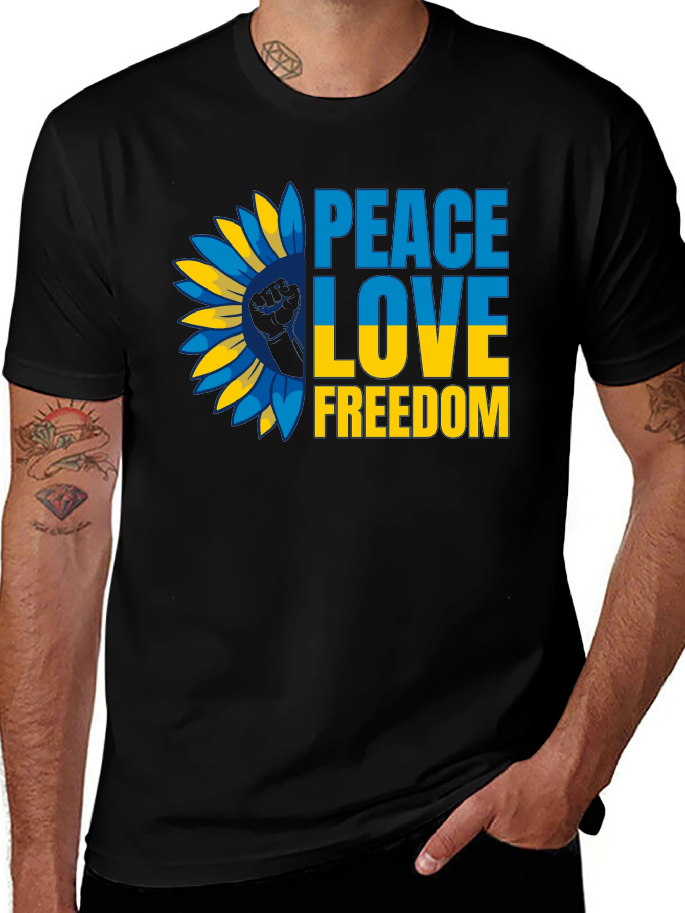 Ukraine Peace Love Freedom T-Shirt Sunflower Design