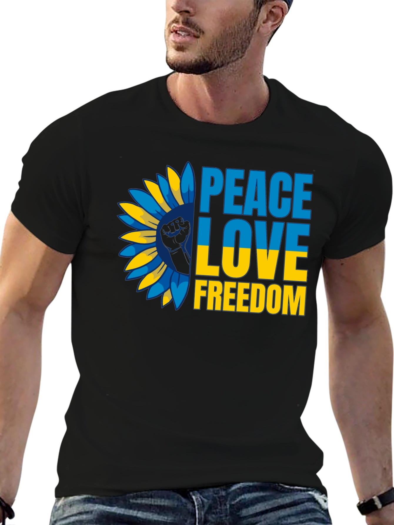 Ukraine Peace Love Freedom T-Shirt Sunflower Design